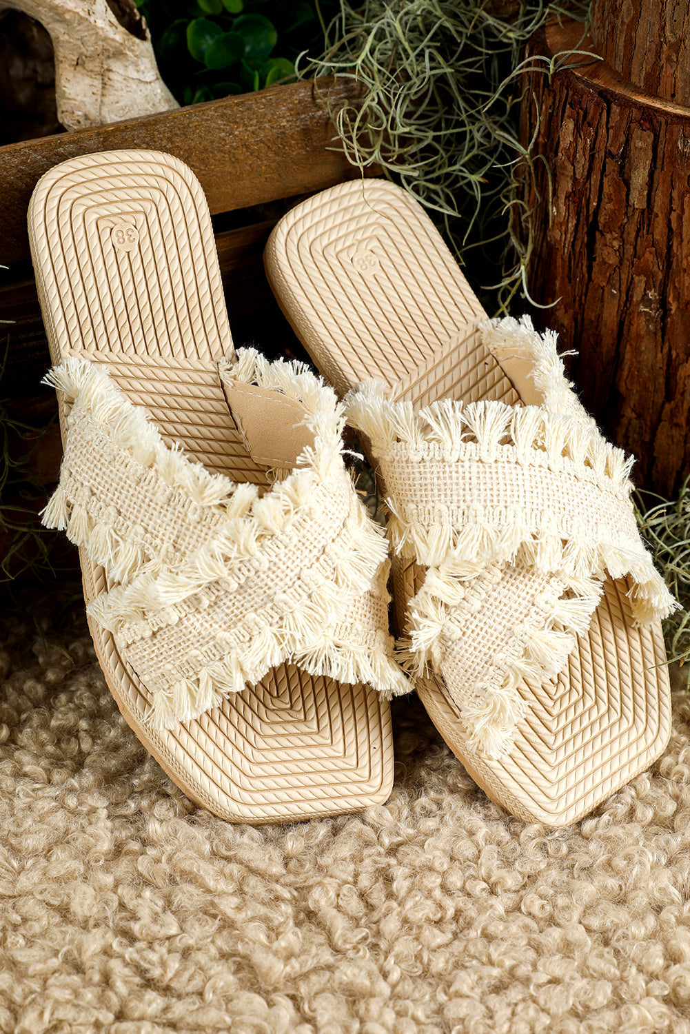 Vada Tassel Woven Crossed Straps Flat Slippers Threaded Pear