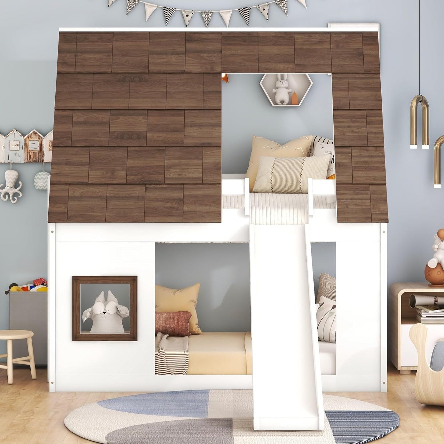 Bunk Bed Twin over Twin, Bunk Bed with Slides and Stairs, House Bunk Bed with Roof, Twin Bunk Bed for Kids, Teens, Kids Bunk Beds, White+Brown ShipItFurniture