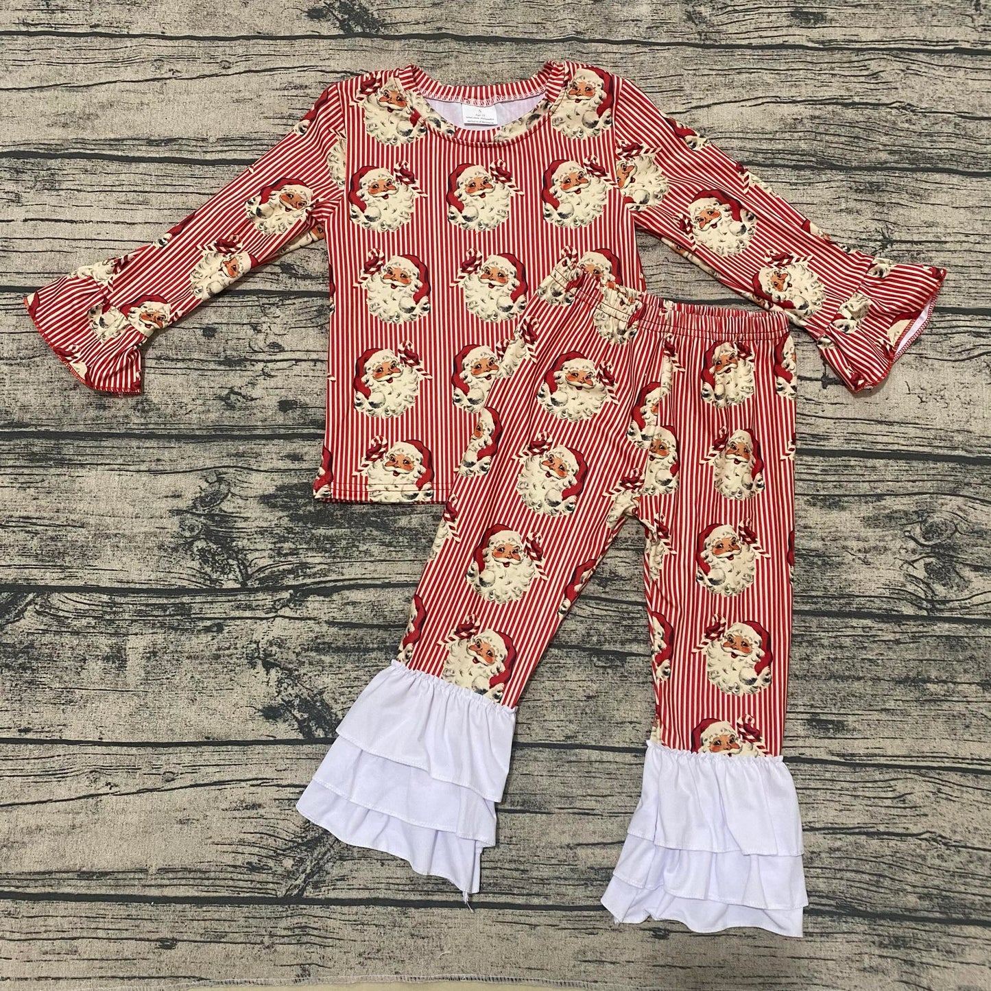 Santa Stripe two piece ruffle set Leopardbaby Boutique