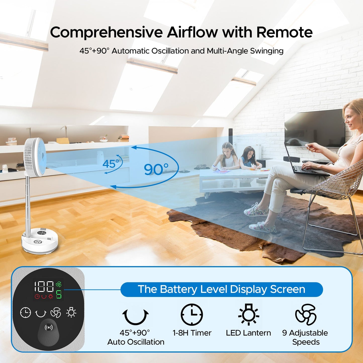 Neofeel Portable Oscillating Standing Fan, 40000mAh Rechargeable Battery Operated Fan with Remote/Timer, RGB Lighting Fan, Pedestal Floor Fan for Bedroom Party Camping (White, 40000mAh) - Get it from Bo