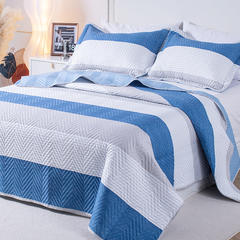Kasentex Lightweight Reversible Stripe Quilt Set Bedding- Sky Blue and Ivory White, Room Decor, Graduation Gifts, Father's Day Gift Kasentex