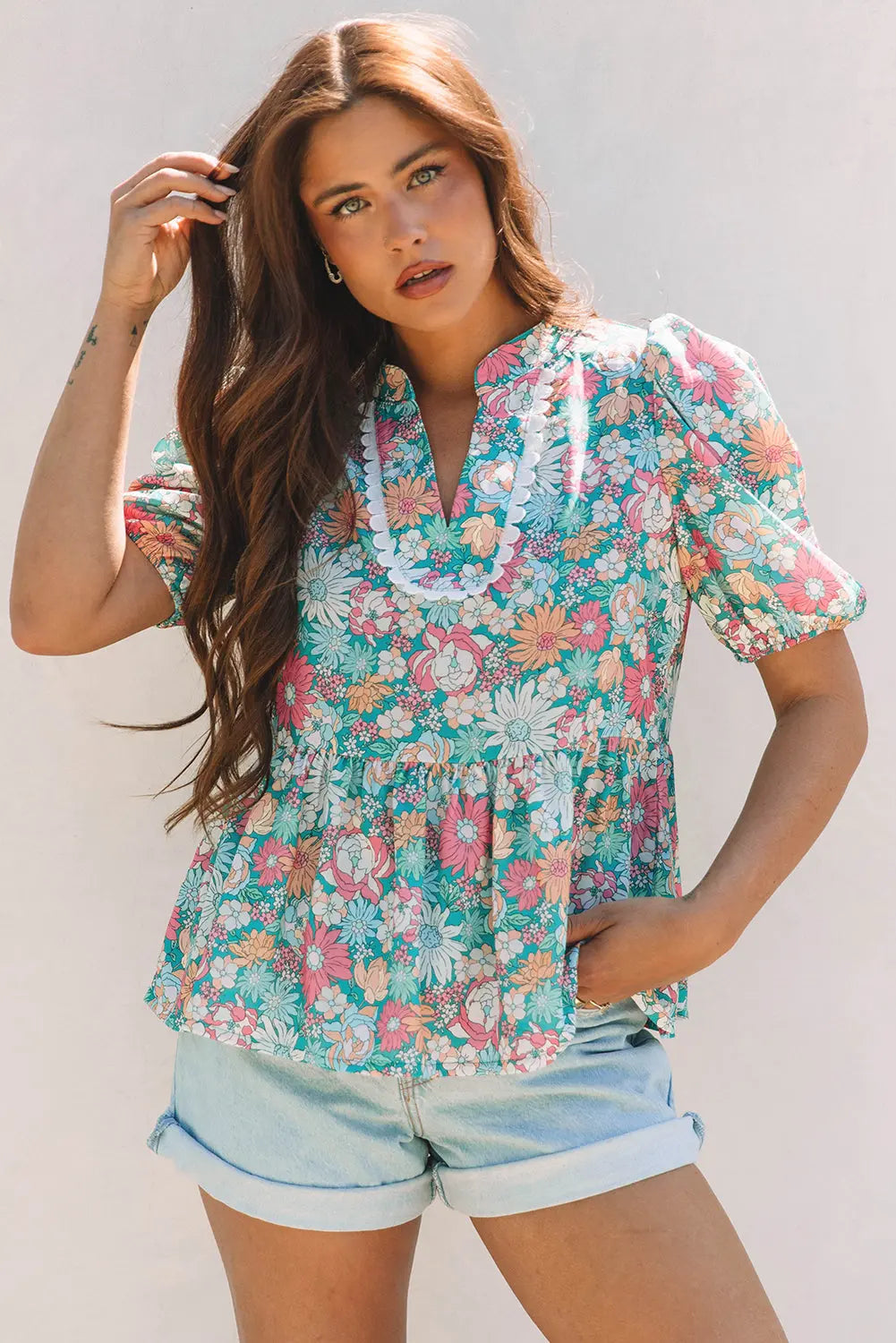 Amaris Notched Neck Puff Short Sleeve Floral Blouse Threaded Pear