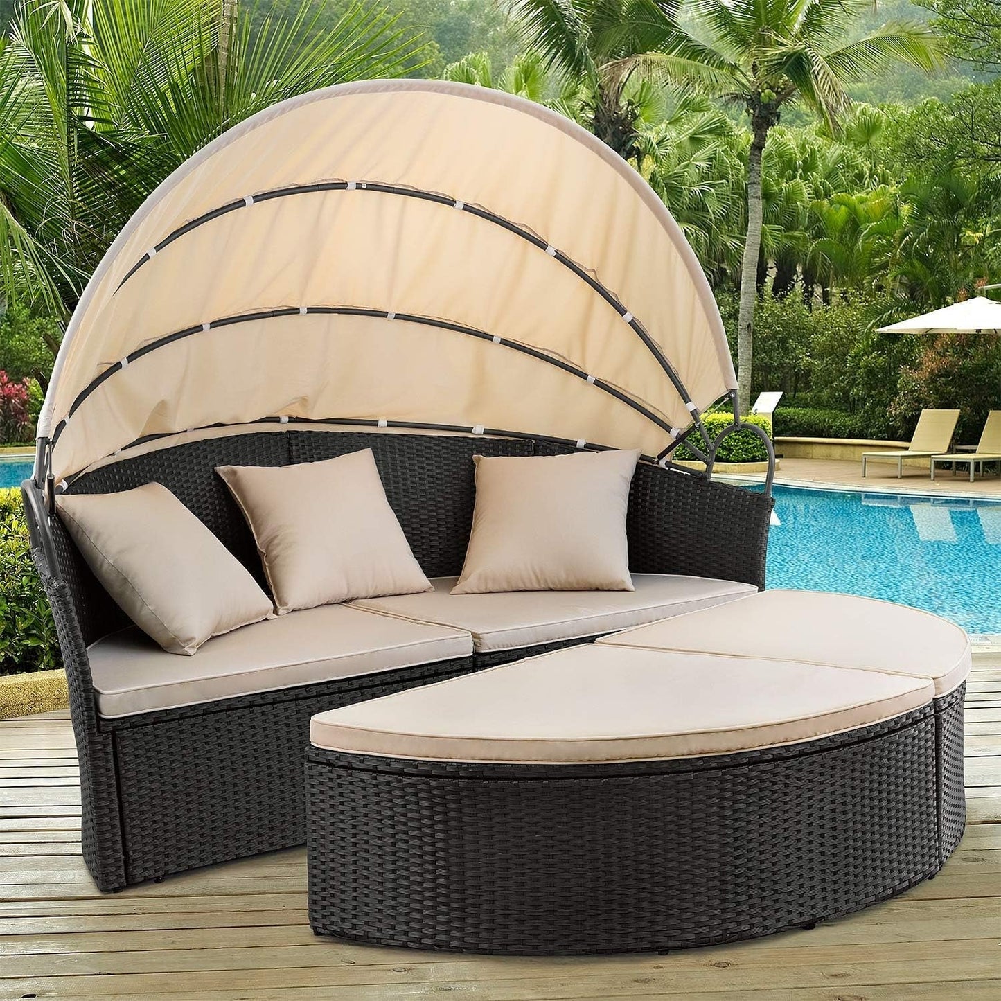 Outdoor Round Daybed Canopy, Wicker, Patio Sectional Sofa ShipItFurniture