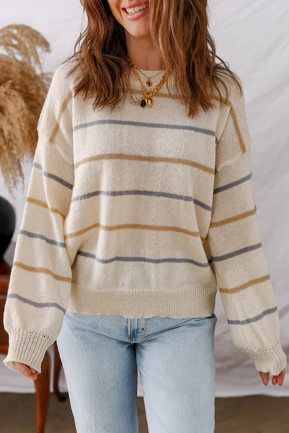 Eden Striped Ribbed Edge Drop Shoulder Sweater Threaded Pear