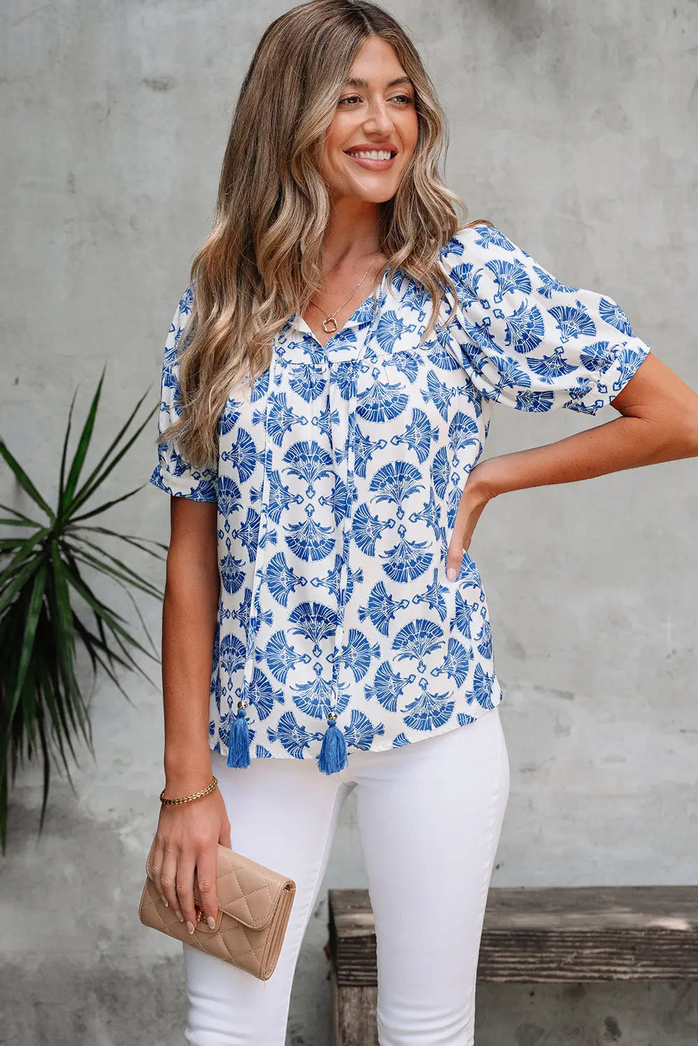 Grace Geometric Tassel Drawstring V Neck Blouse Threaded Pear