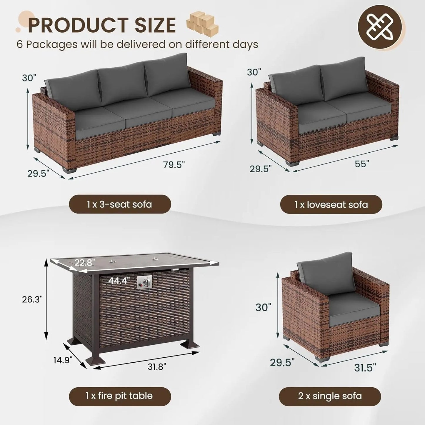 Patio Furniture Set with Fire Pit Table, 5 Pieces Outdoor Furniture Sets, Wicker Patio Conversation Sets W/Waterproof Covers for Backyard, Porch, Balcony, Poolside(Grey)-1