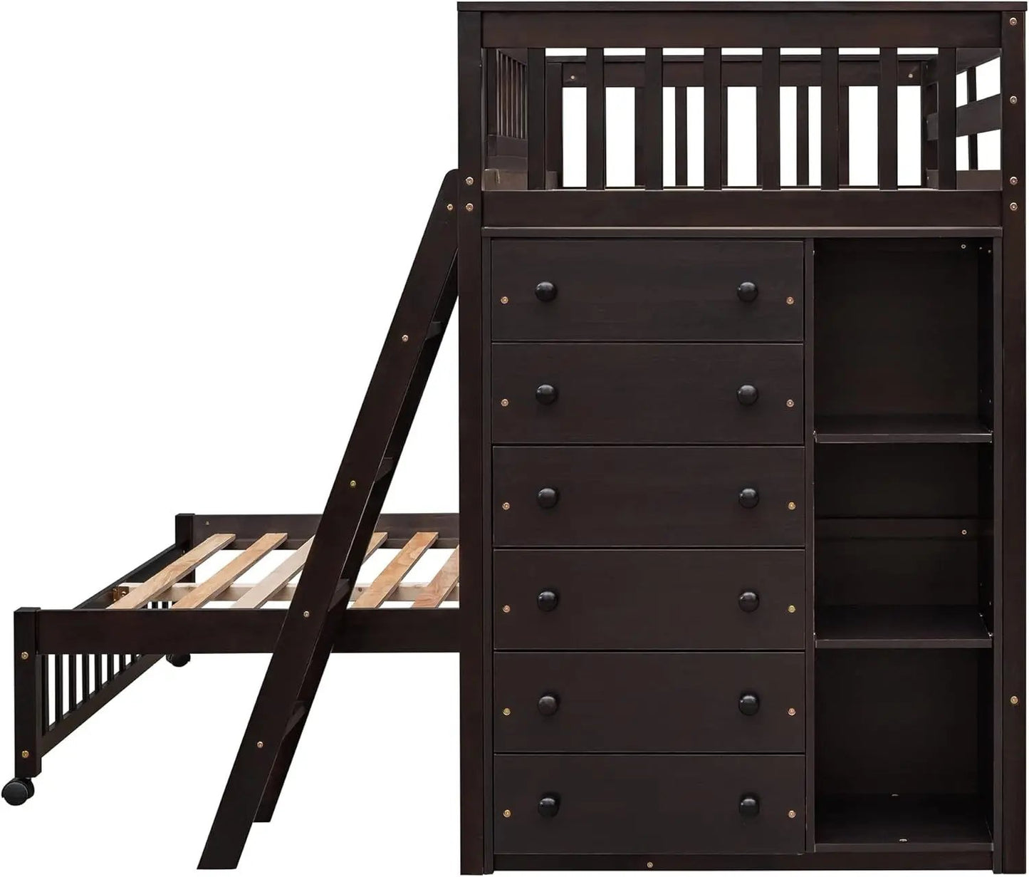 Twin over Full Bunk Bed with Storage, Solid Wood Bunk Bed with 6 Drawers and 3 Flexible Shelves, Twin Loft Bed with Movable Lower Bed, Bottom Bed with Wheels, for Kids Teens Adults (Espresso)-4