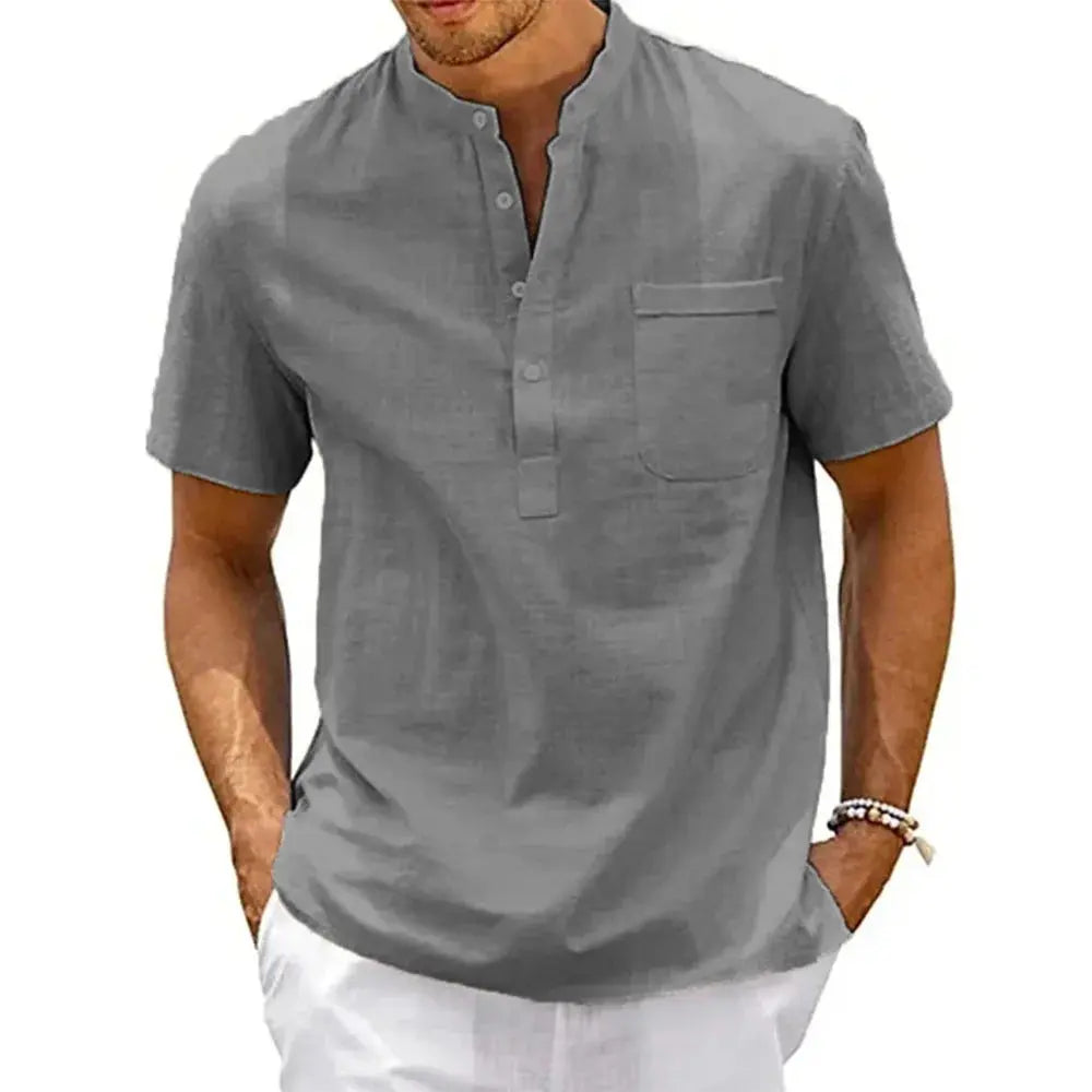 Men's Cotton Linen Shirt Henley Neck Pocket Streetwear Get it from Bo