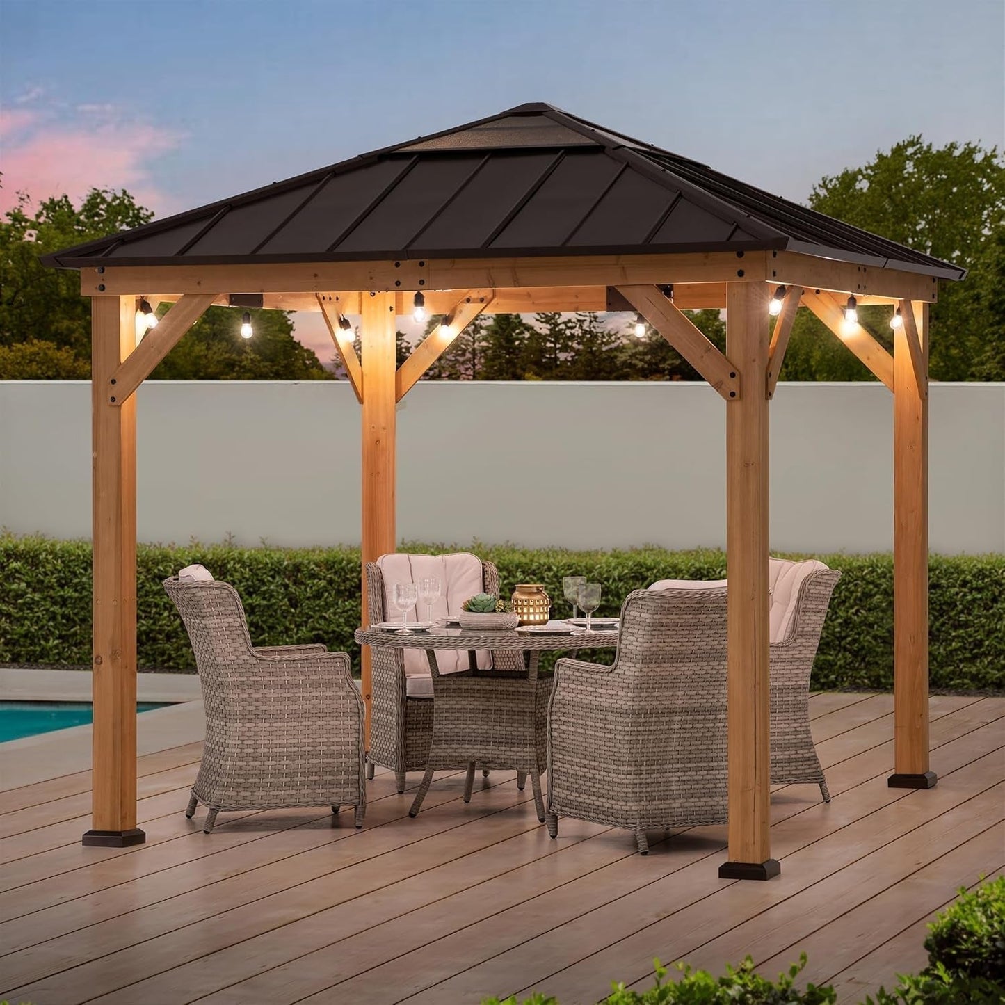 9x9 Cedar Framed Hardtop Gazebo Brown Steel Roof ShipItFurniture
