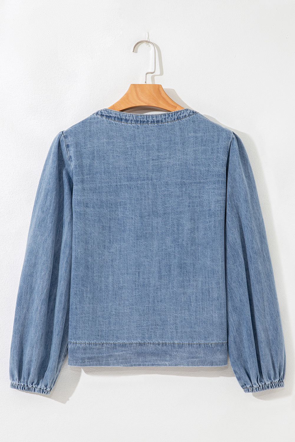 Oakley Tied Front Long Puff Sleeve Denim Top Threaded Pear