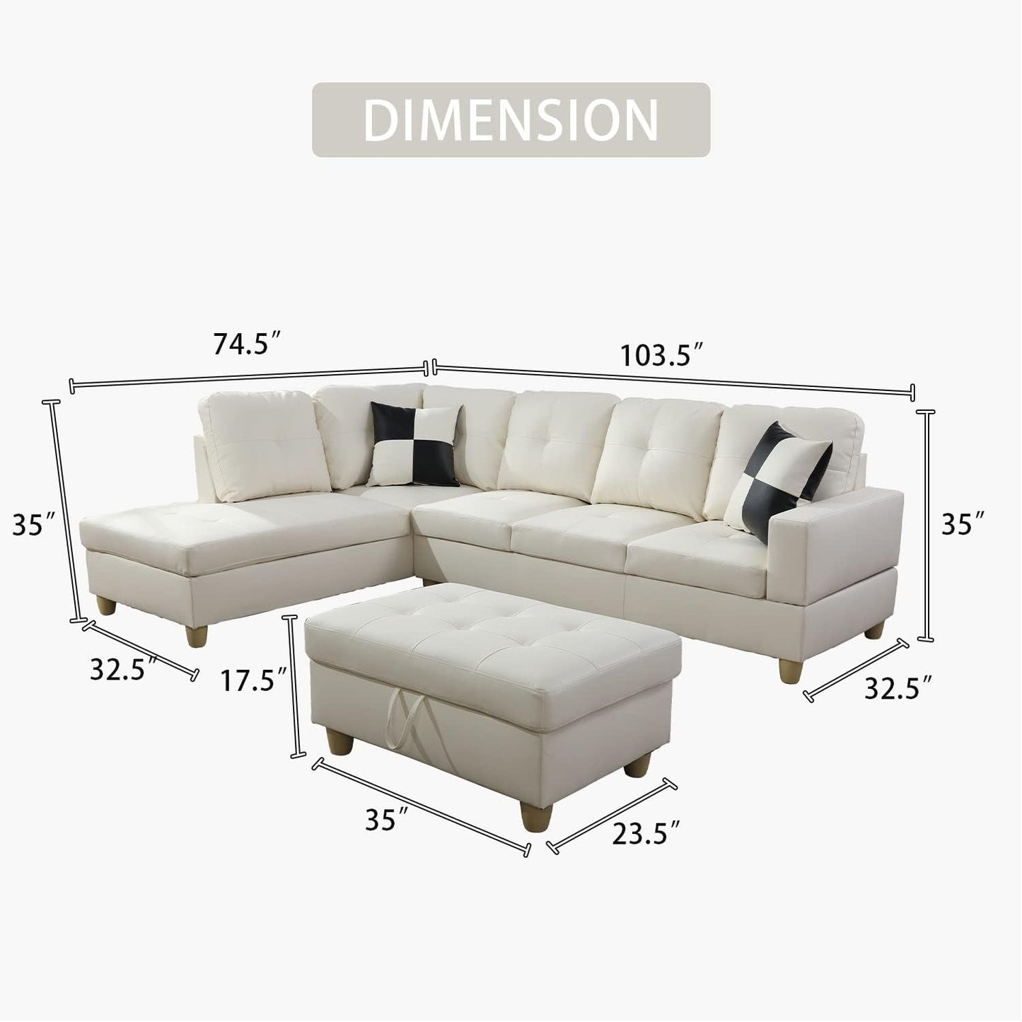 L Shaped Leather Sectional Sofa Left Hand Facing In White ShipItFurniture