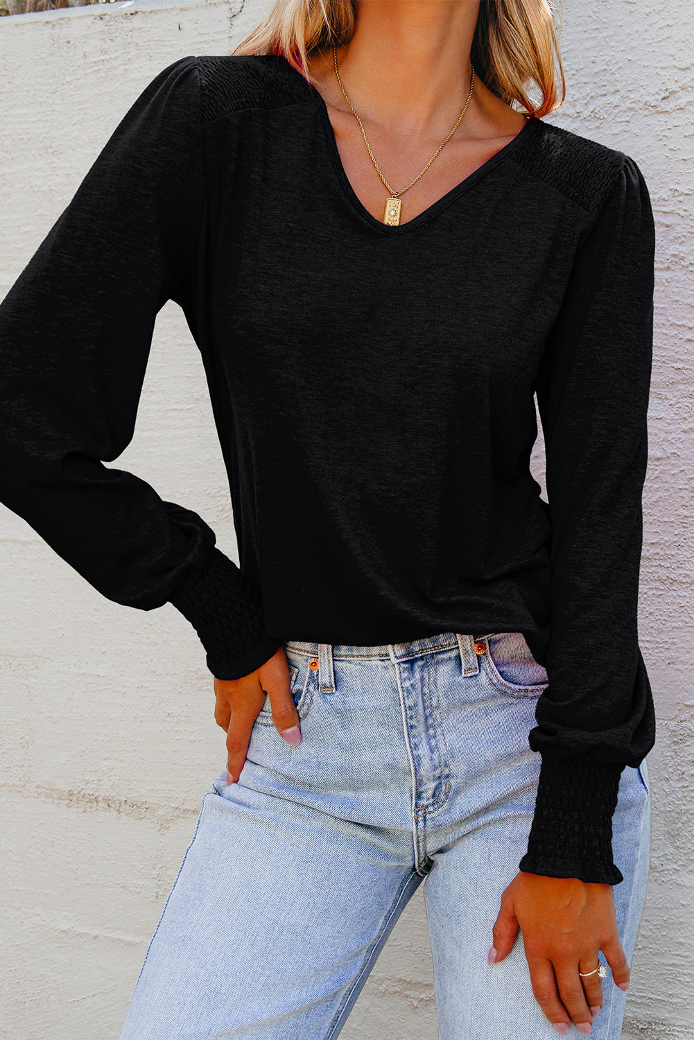 Andrea Shirred Shoulder Frilled Cuffs Long Sleeve Top Threaded Pear