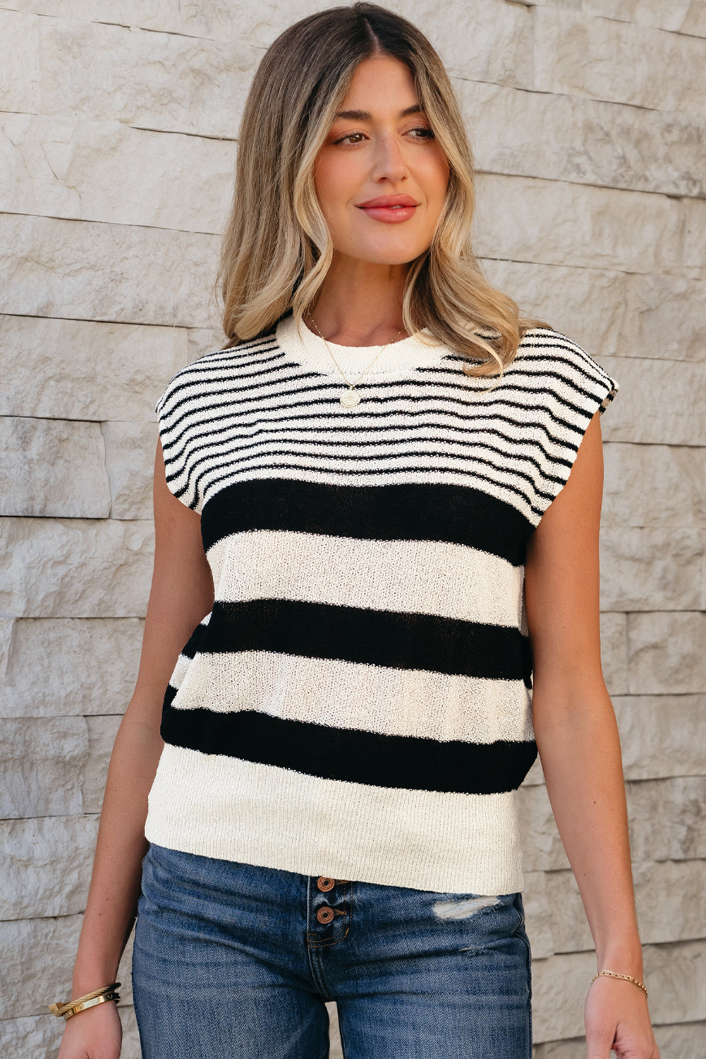 Irene Striped O Neck Sweater Vest Threaded Pear