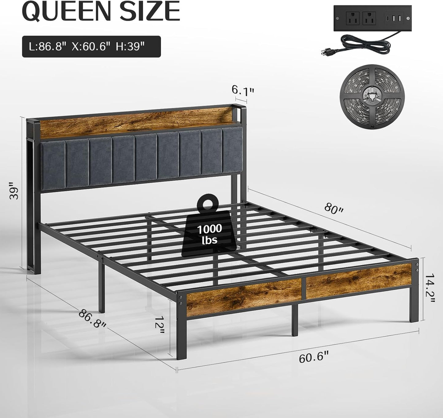 Queen Bed Frame With USB Charging LED Illumination ShipItFurniture