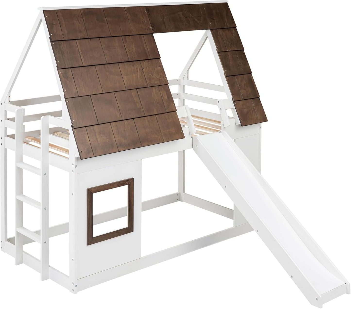 Bunk Bed Twin over Twin, Bunk Bed with Slides and Stairs, House Bunk Bed with Roof, Twin Bunk Bed for Kids, Teens, Kids Bunk Beds, White+Brown ShipItFurniture