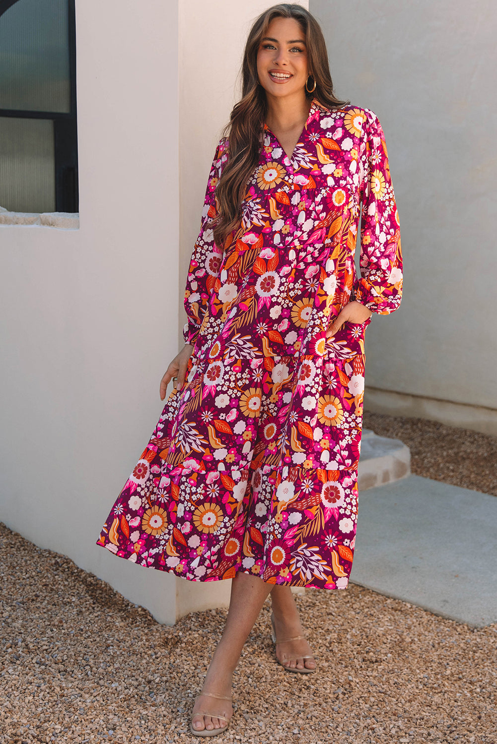Alina Collared Tiered Long Dress Threaded Pear