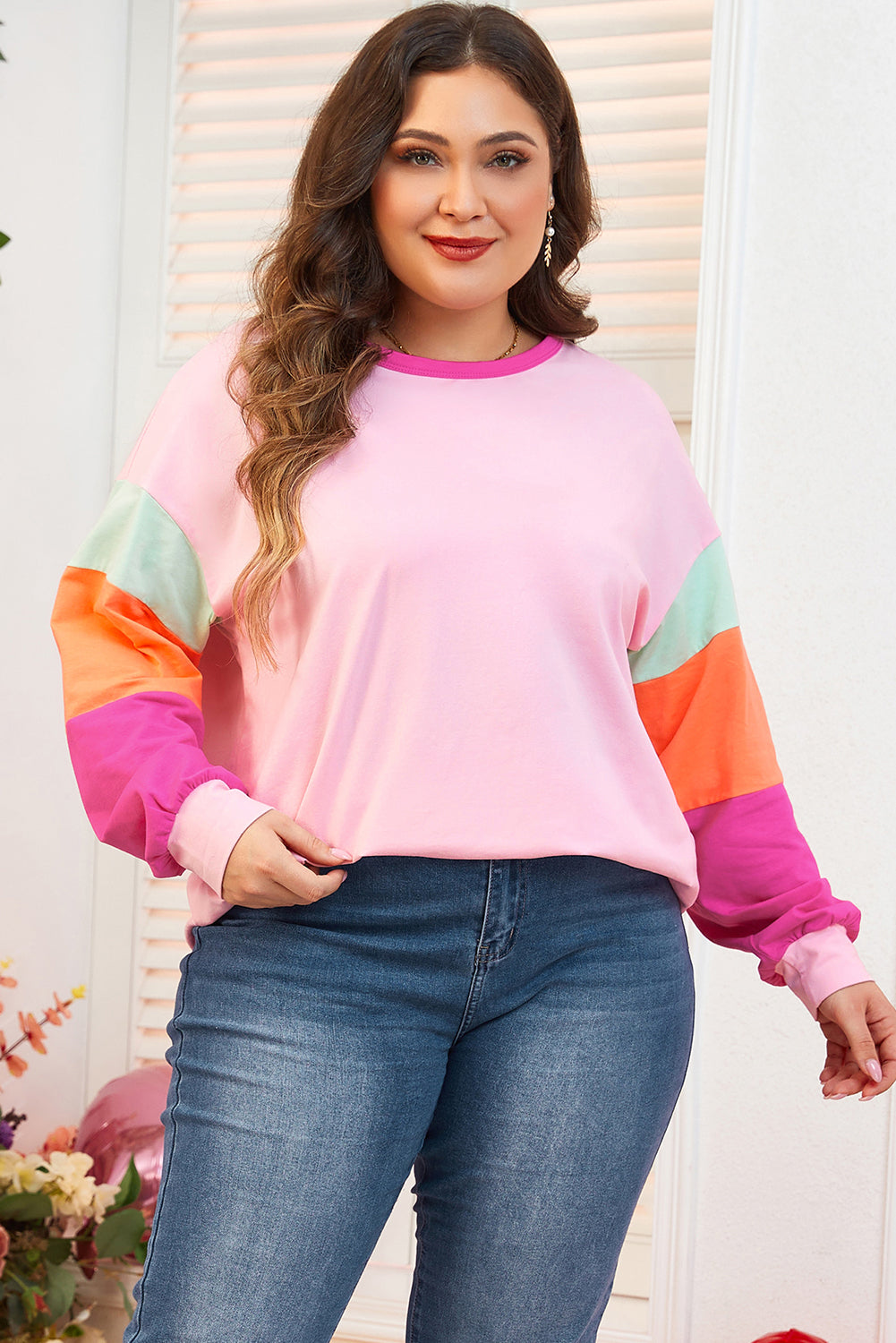 Harlow Plus Size Patchwork Long Sleeve Top Threaded Pear