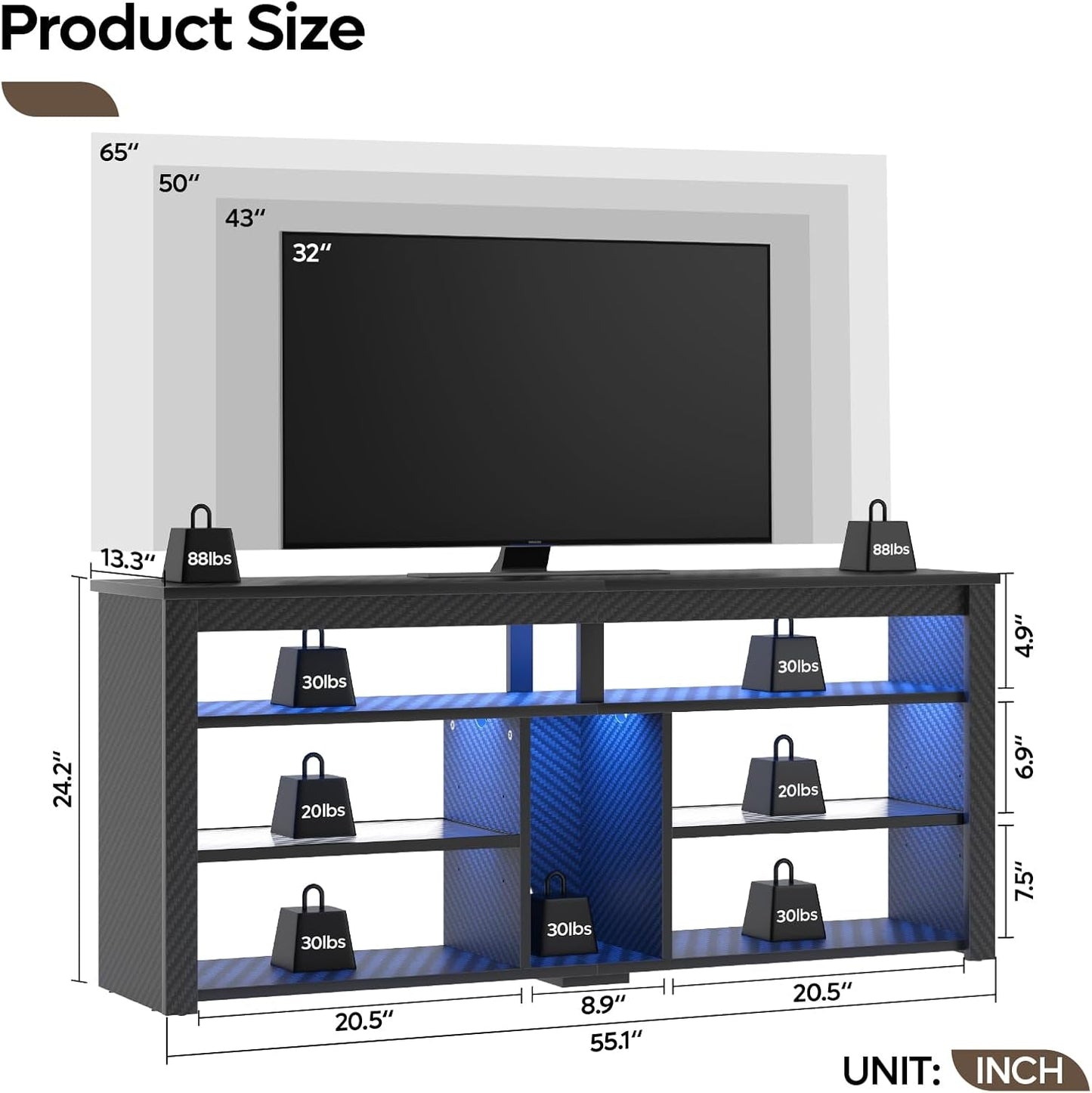 LED Tall TV Stand For 55-65 TV With Adjustable Shelves