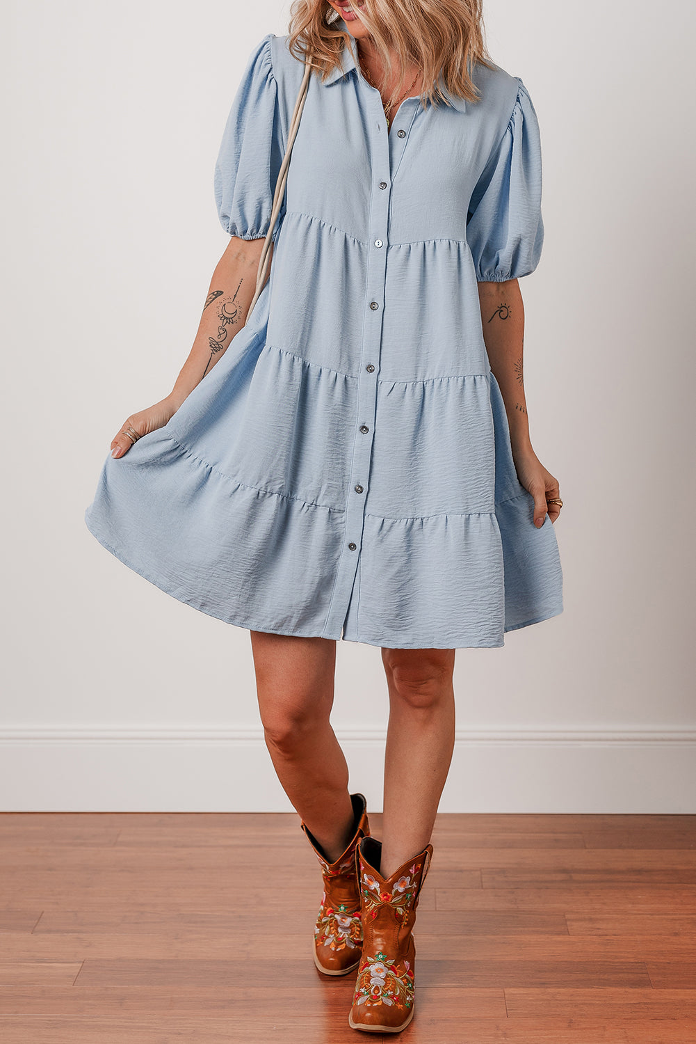 Arya Shirt Collar Button Up Puff Sleeve Tiered Dress Threaded Pear