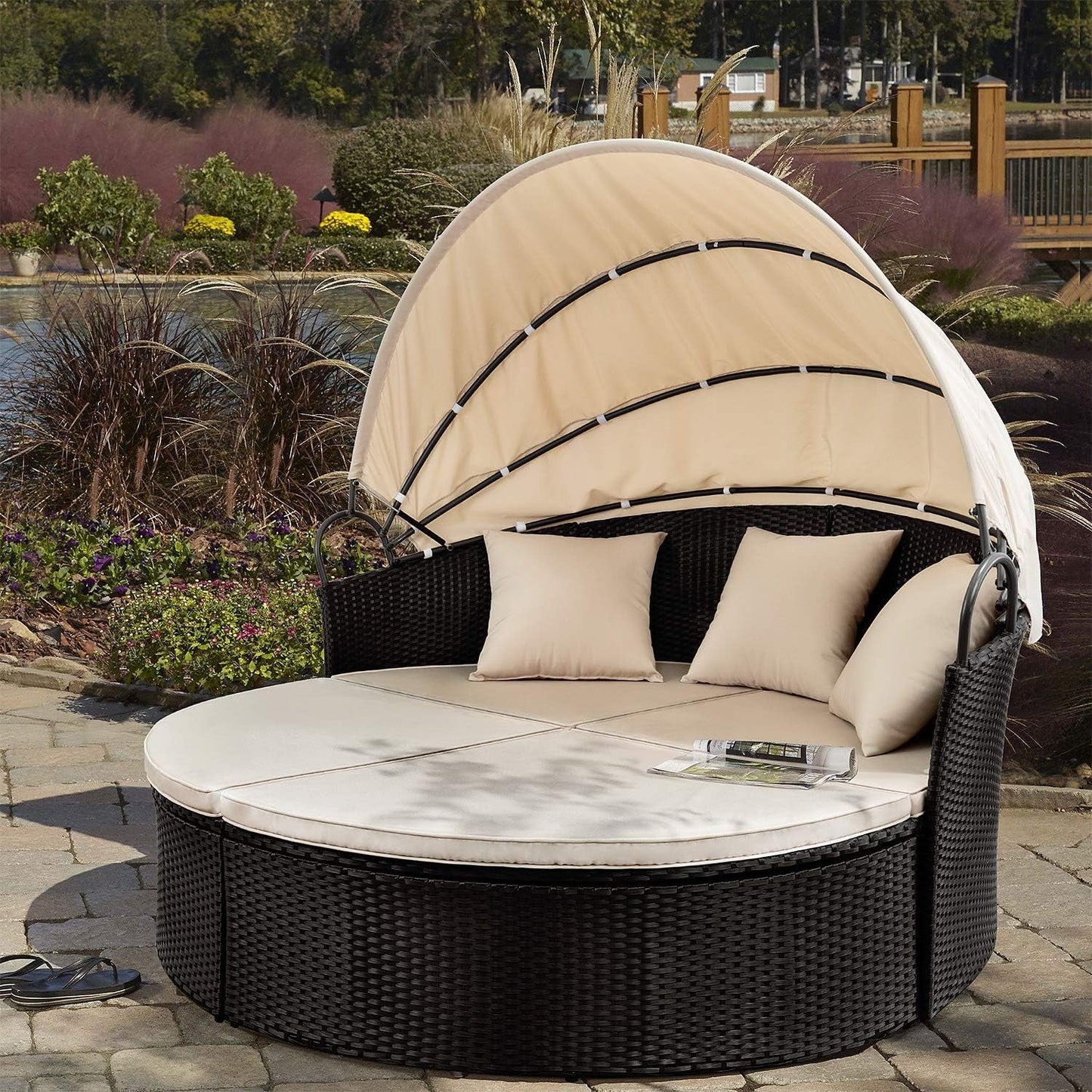 Outdoor Round Daybed Canopy, Wicker, Patio Sectional Sofa ShipItFurniture