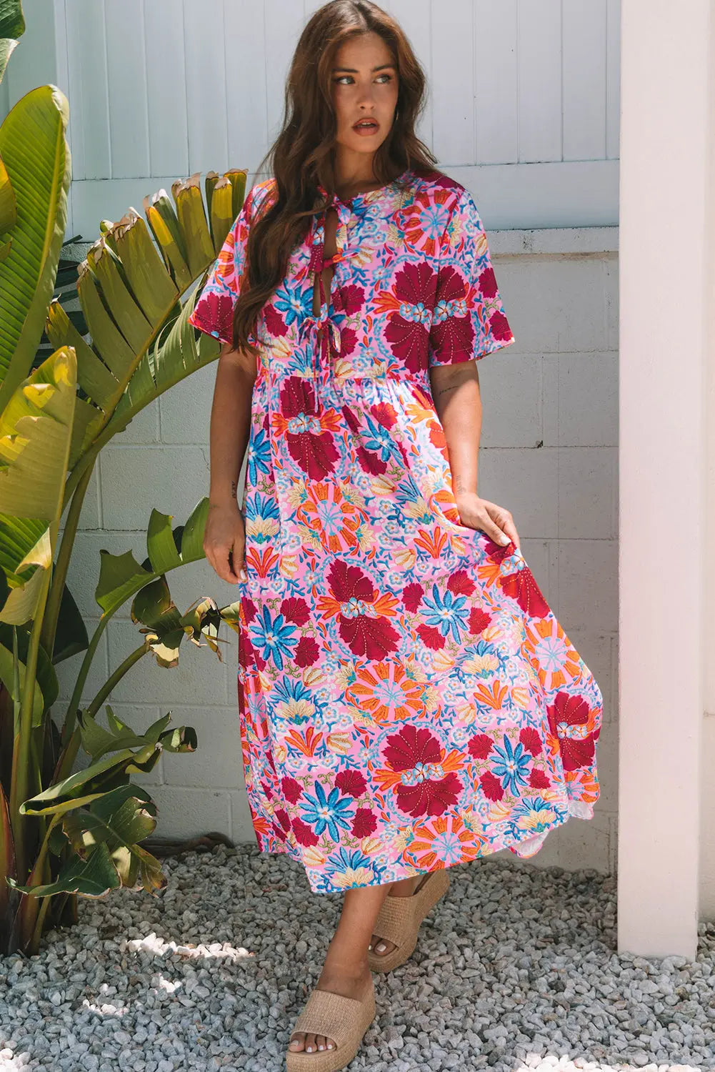 Hannah Floral Tied Front High Waist Long Dress Threaded Pear