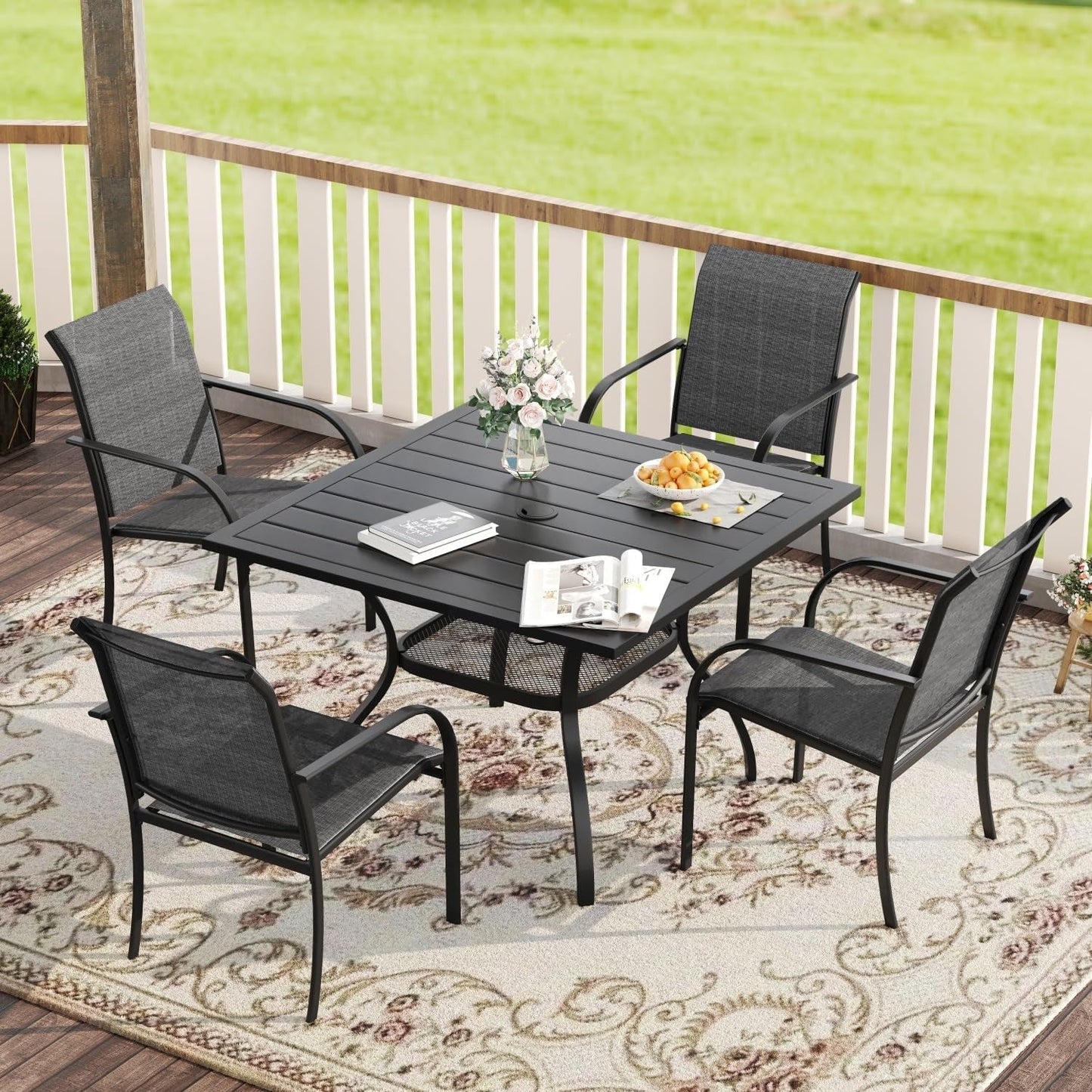 5 Pieces Patio Dining Set, Outdoor Furniture Set Includes 1 Square Patio Table and 4 Stackable Patio Sling Chairs, Outdoor Table and Chairs for Outsides, Black Table and Grey Chairs ShipItFurniture
