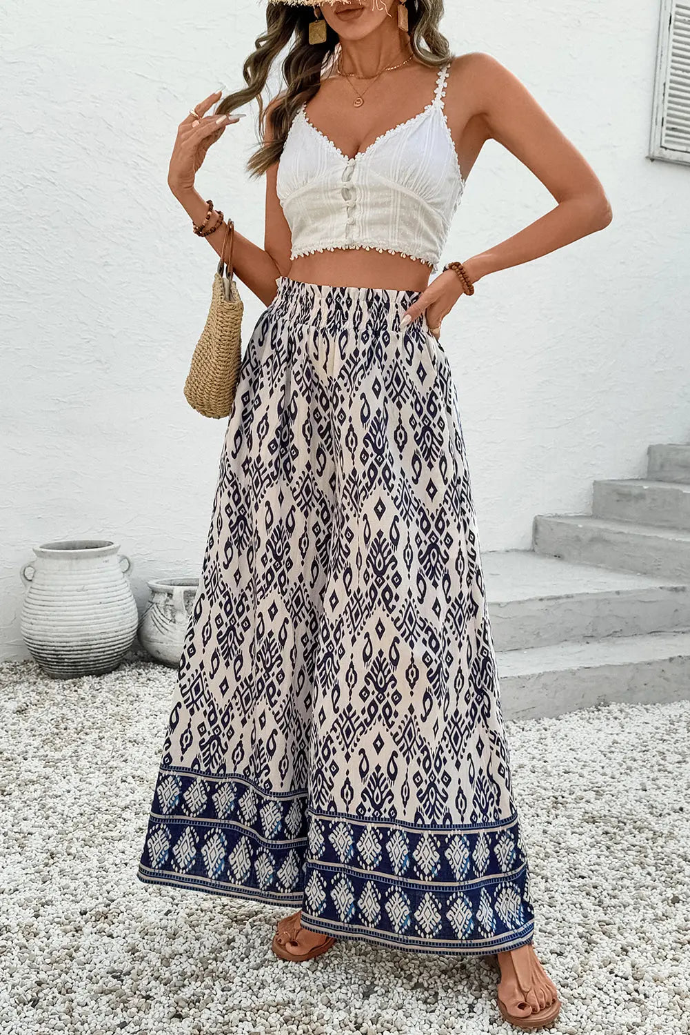Giovanna Boho Pattern High Waist Wide Leg Loose Pants Threaded Pear