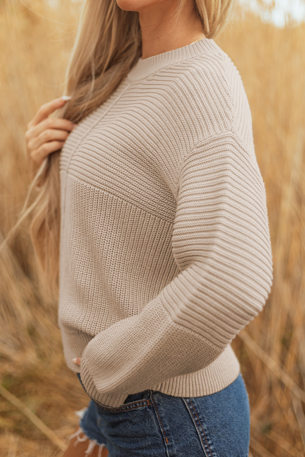 Delaney Texture Knitted Puff Sleeve Sweater Threaded Pear