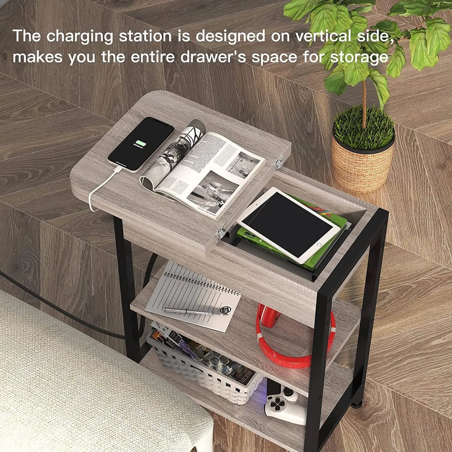 End Table With Vertical Charging Station And USB Outlets Greige-4