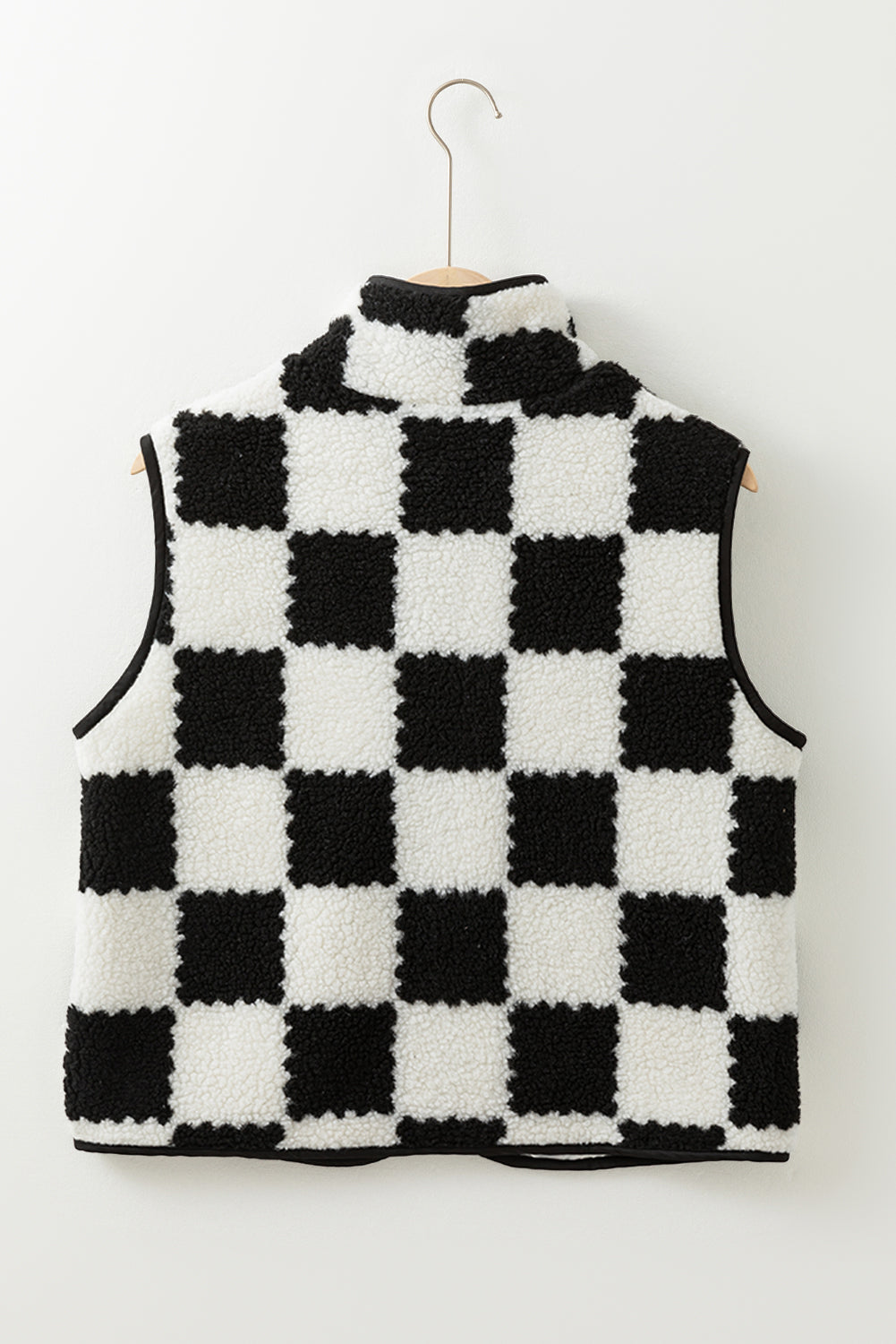 Mindi Checkered Sherpa Collared Jacket Vest Threaded Pear