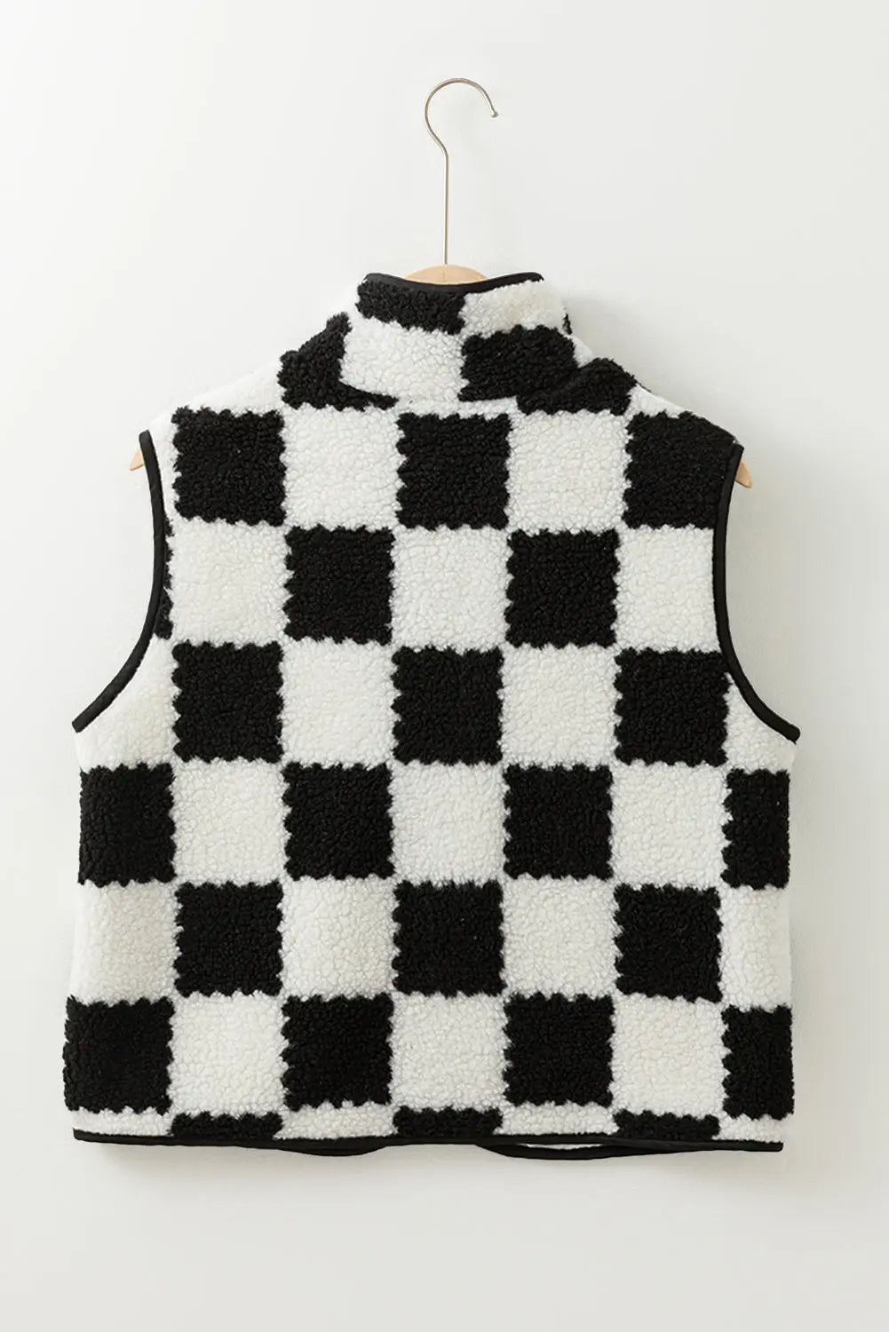 Mindi Checkered Sherpa Collared Jacket Vest Threaded Pear