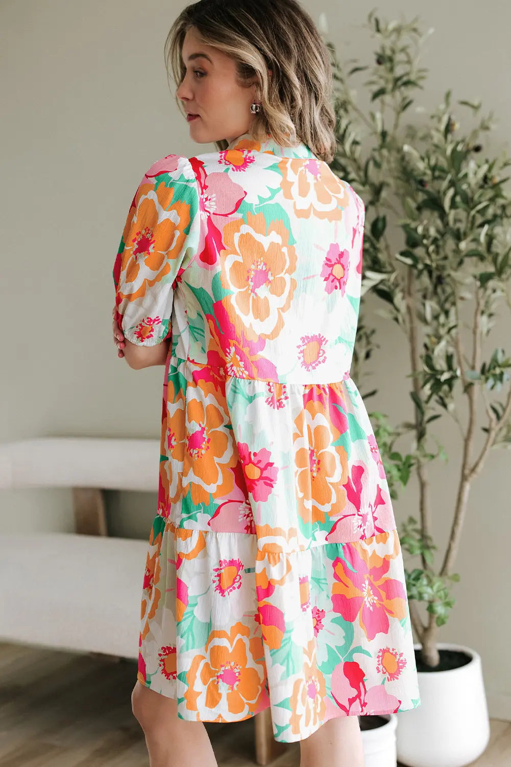Brynleigh Floral Puff Sleeve Babydoll Dress Threaded Pear