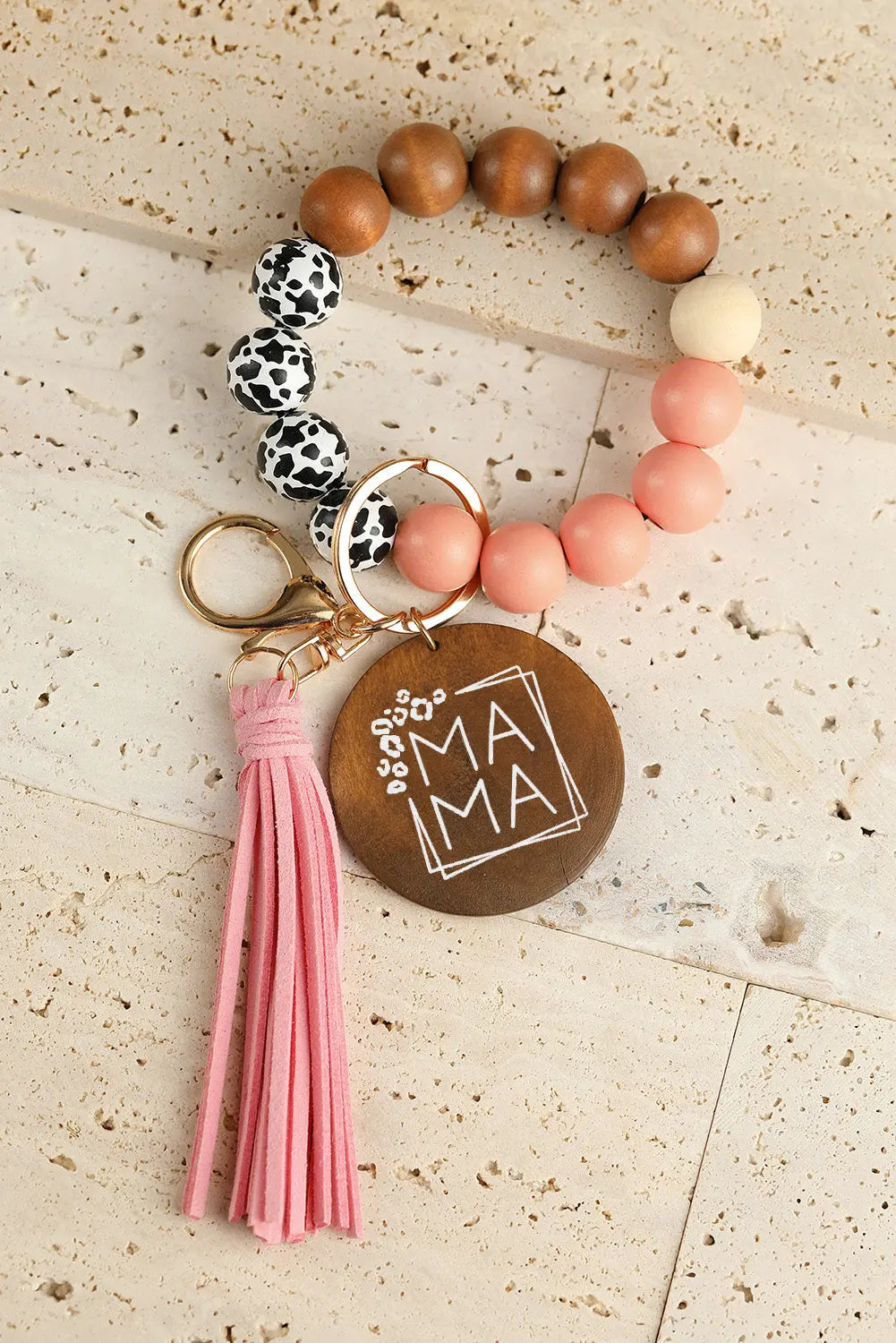 MAMA Wood Pendant Leopard Fringe Keychain Threaded Pear