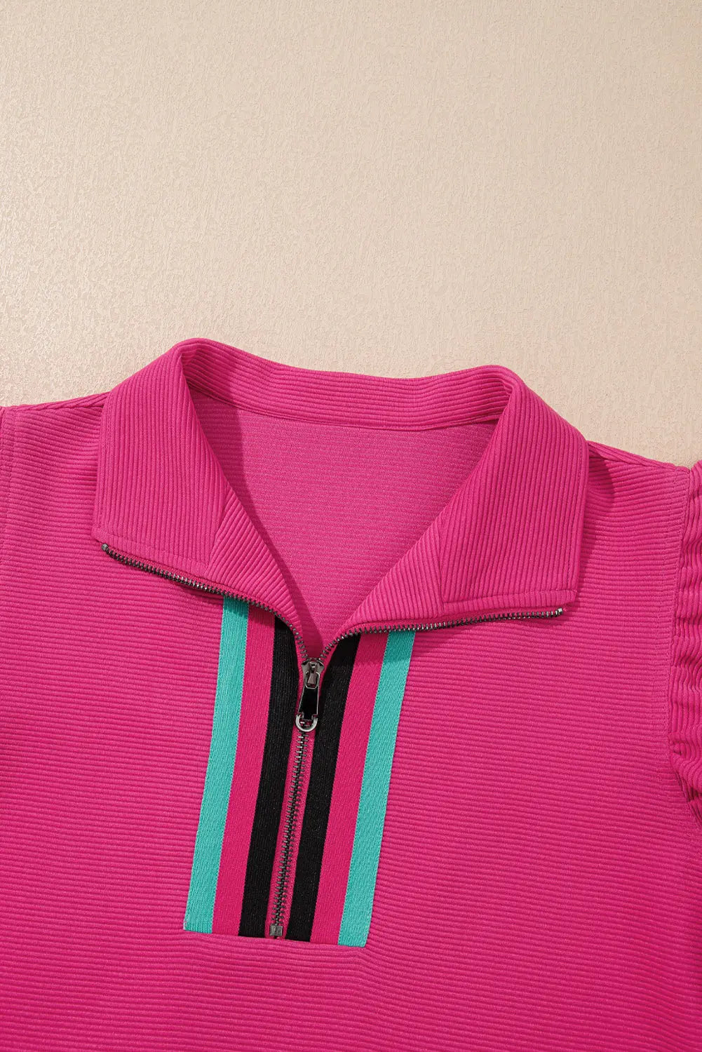 Sol Striped Detail Flutter Sleeve Zipped Collar Short Set Threaded Pear