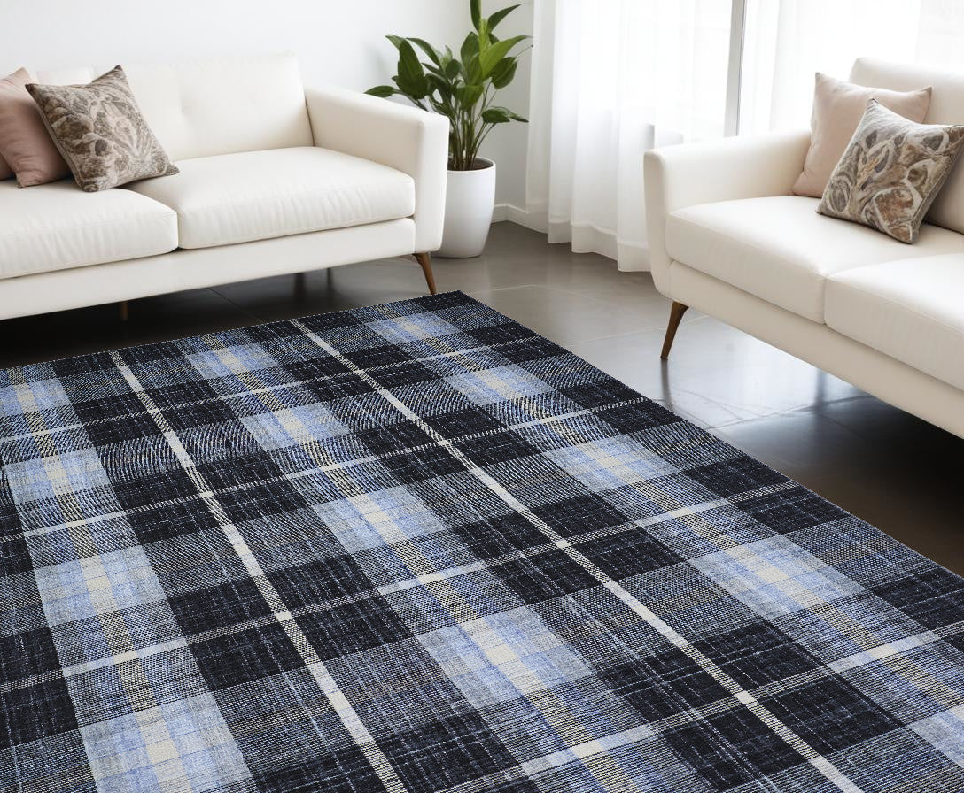 8' X 10' Black Blue And White Abstract Hand Woven Stain Resistant Area Rug