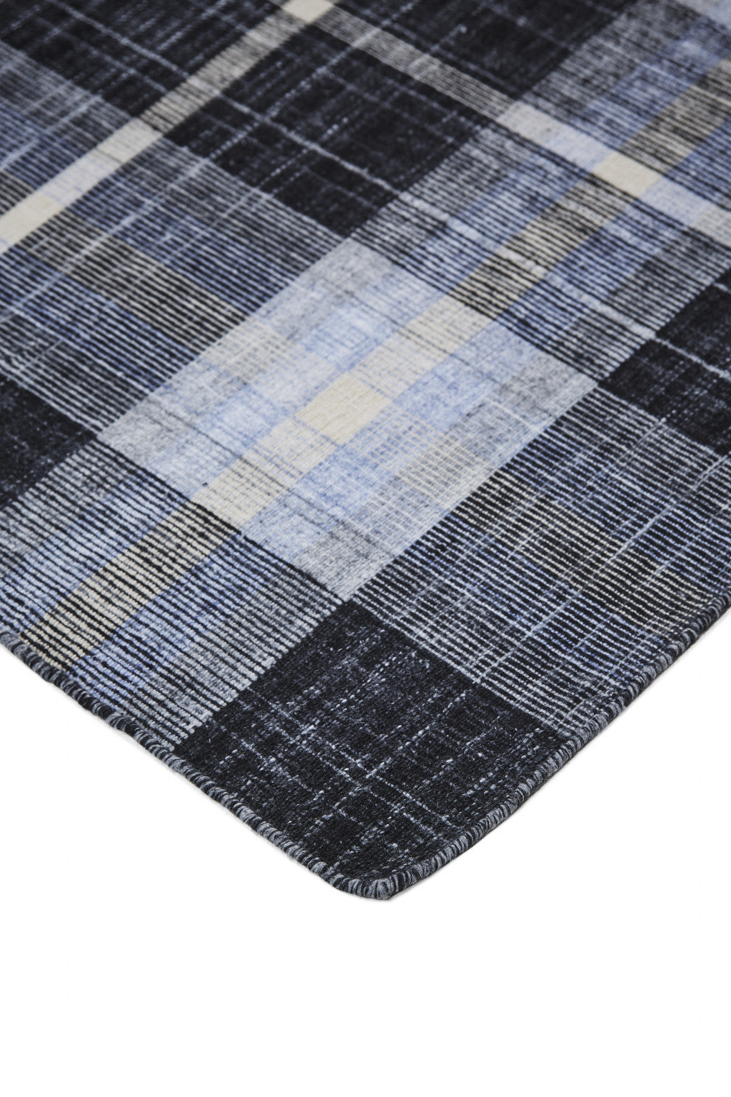 8' X 10' Black Blue And White Abstract Hand Woven Stain Resistant Area Rug