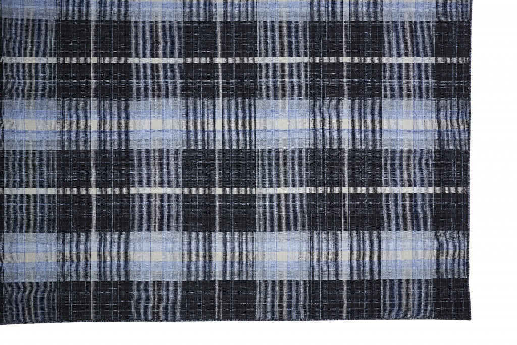 8' X 10' Black Blue And White Abstract Hand Woven Stain Resistant Area Rug