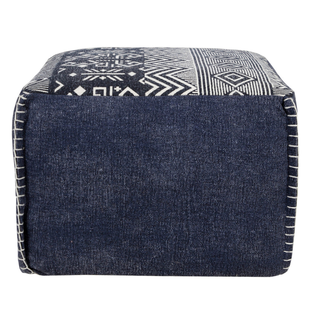 18" Blue Cotton Geometric Pouf Ottoman