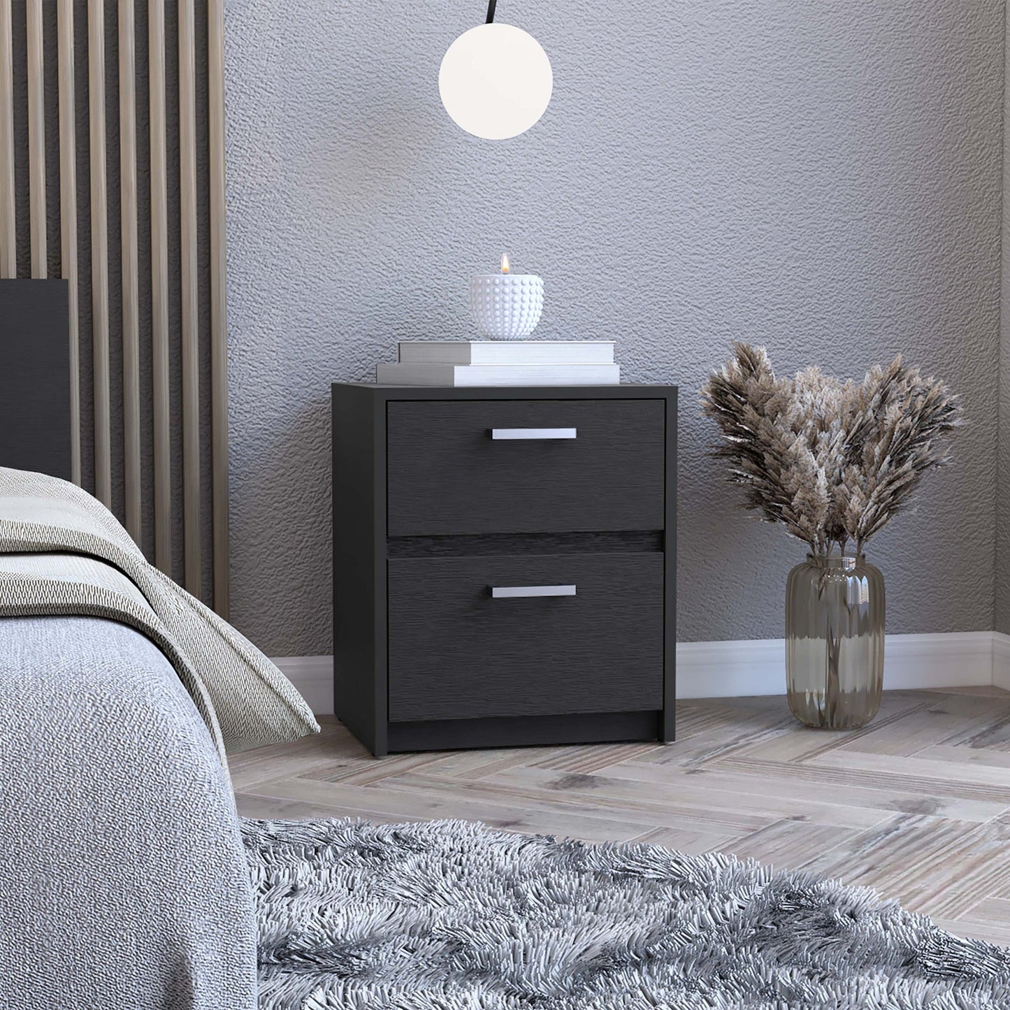 19" Black Wood Two Drawer Nightstand Homeroots