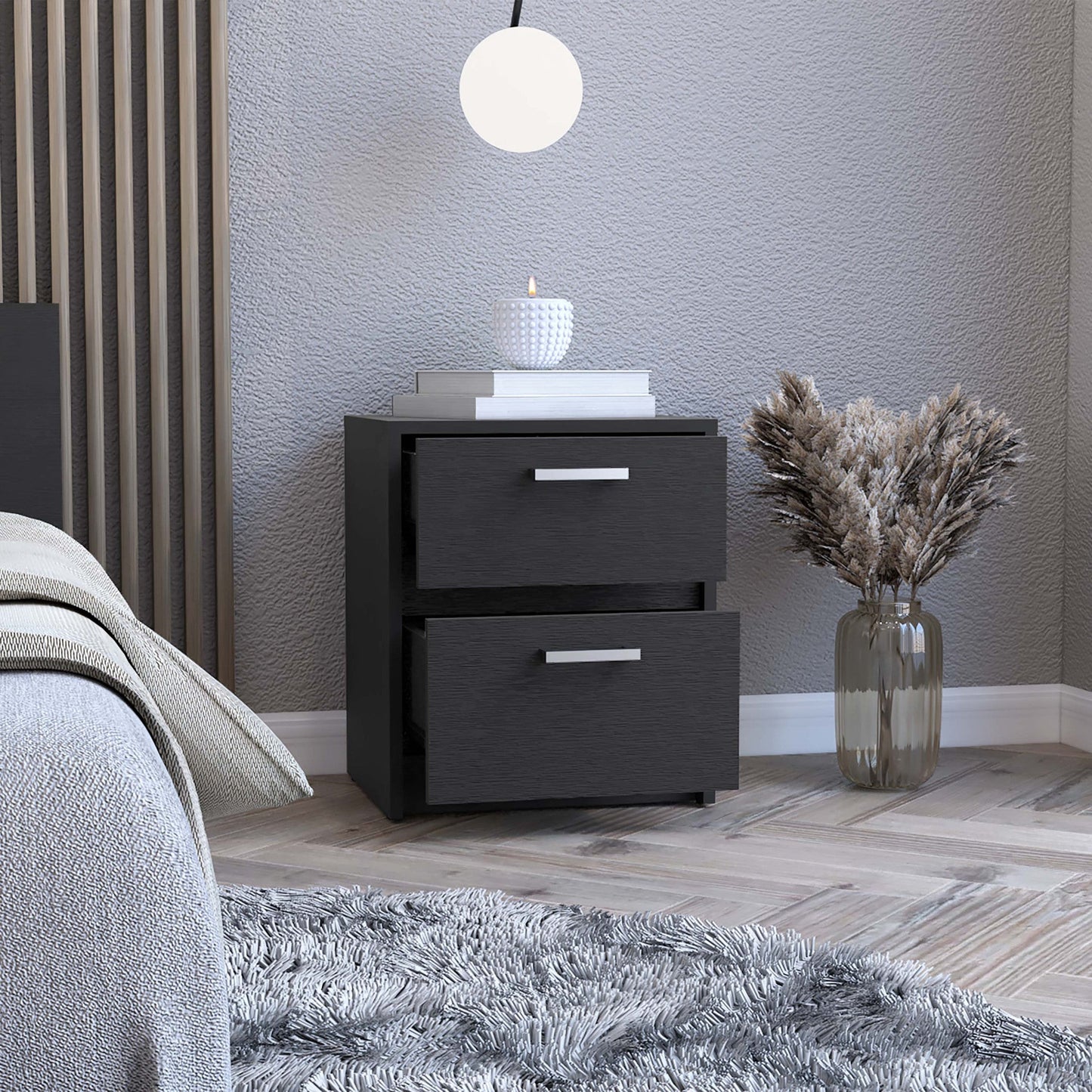 19" Black Wood Two Drawer Nightstand Homeroots