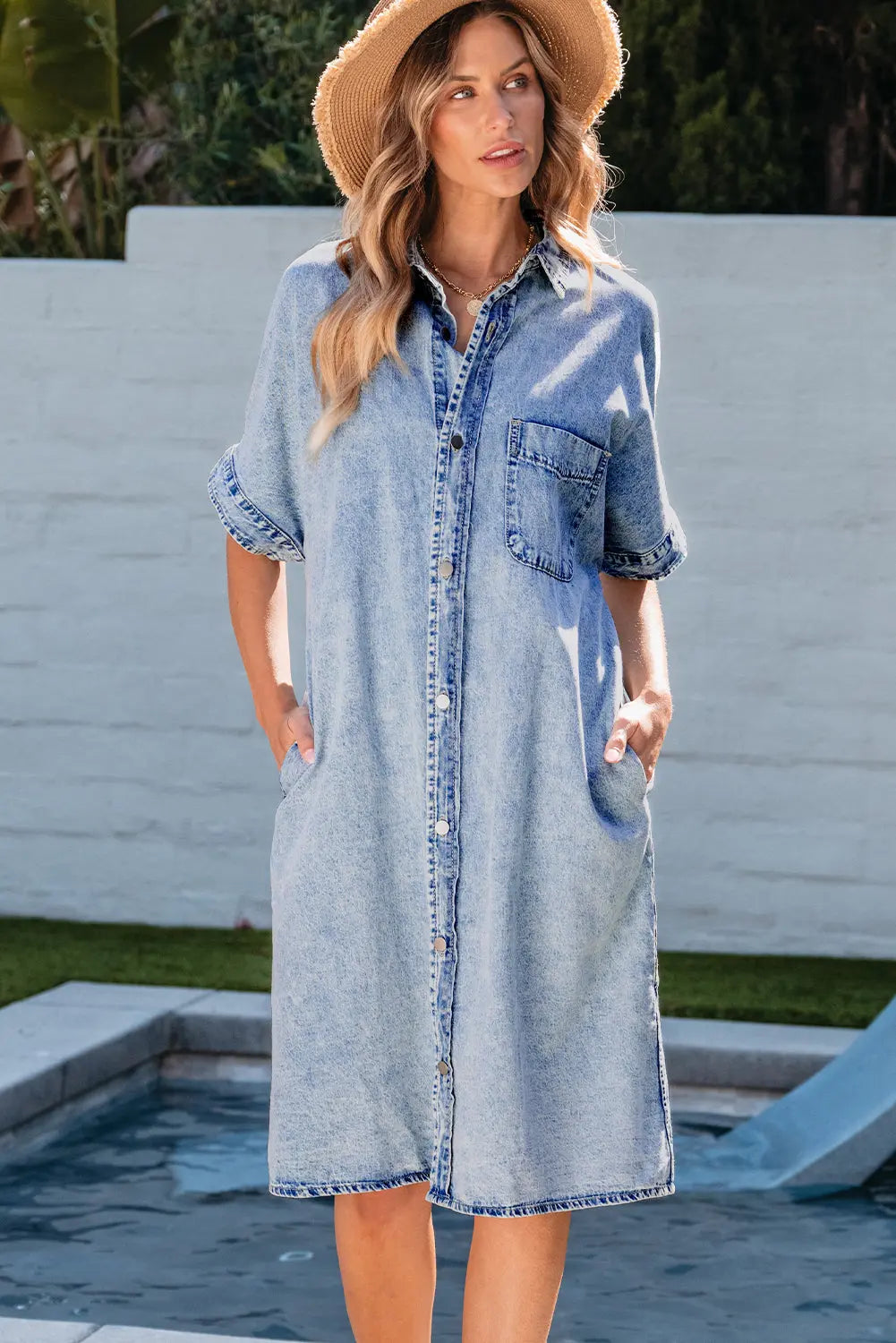 Makayla Loose Medium Wash Chambray Dress Threaded Pear