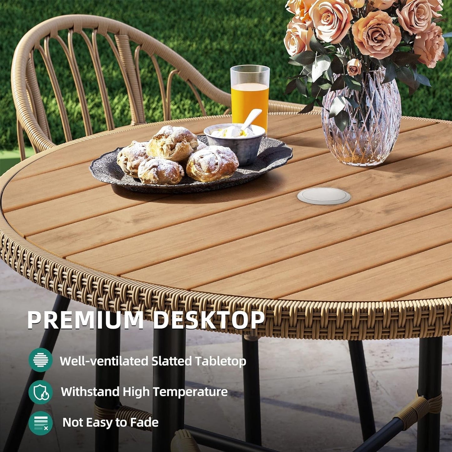 5 Pieces Outdoor Patio Dining Table Chair Set,Wicker Patio Dining Set,Outdoor Rattan Dining Table Set for Patio, Backyard, Balcony, Garden (With Umbrella Hole), Beige ShipItFurniture