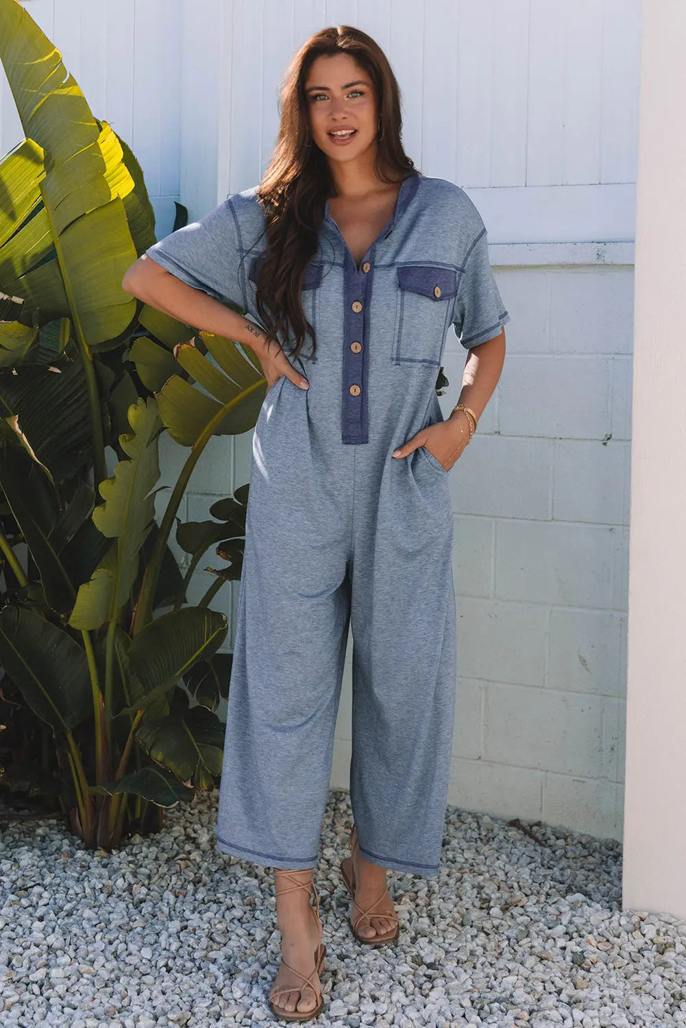 Emmie Half Placket Chest Pockets Wide Leg Jumpsuit Threaded Pear