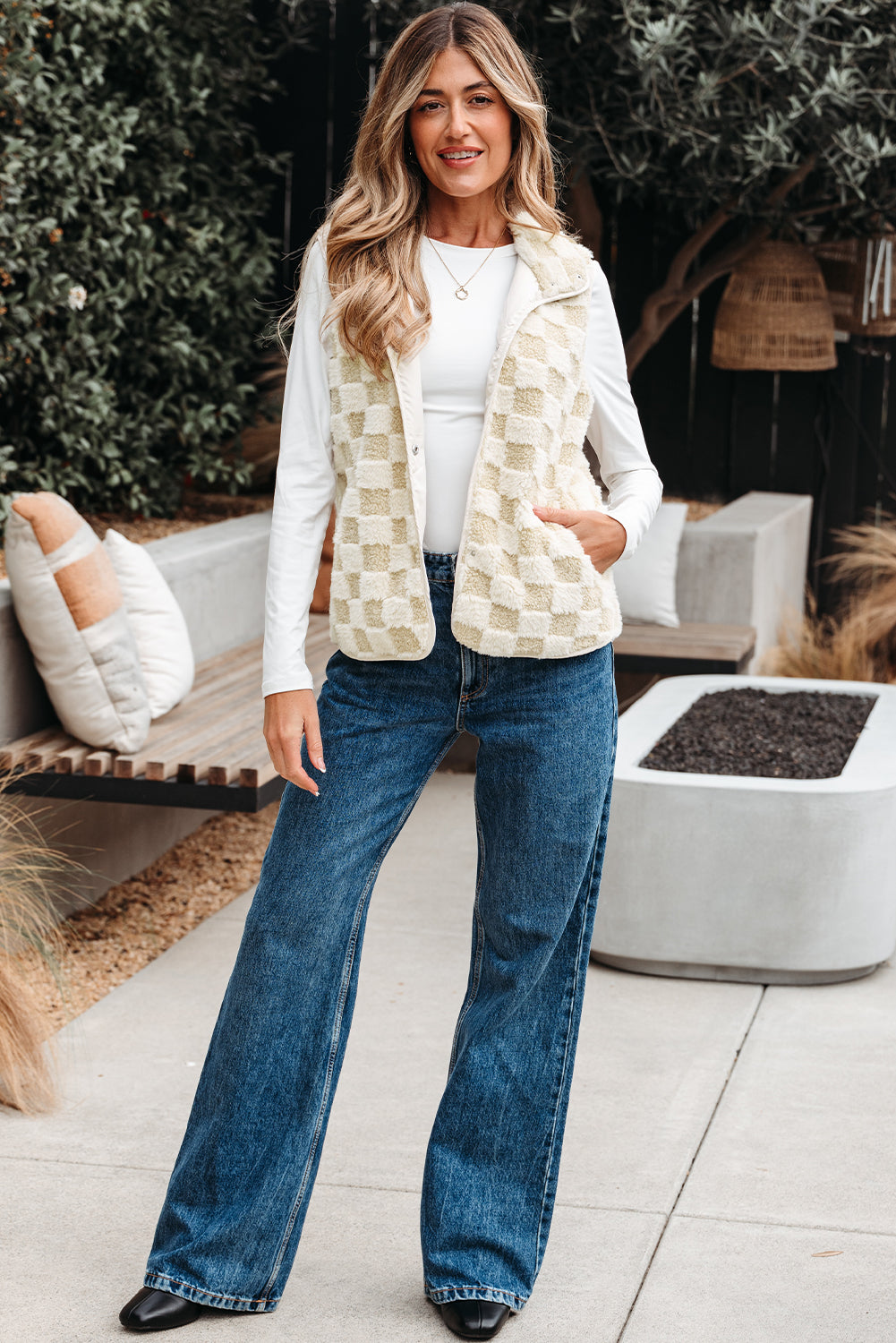 Stevie Sherpa Checkerboard Button Vest With Pocket Threaded Pear