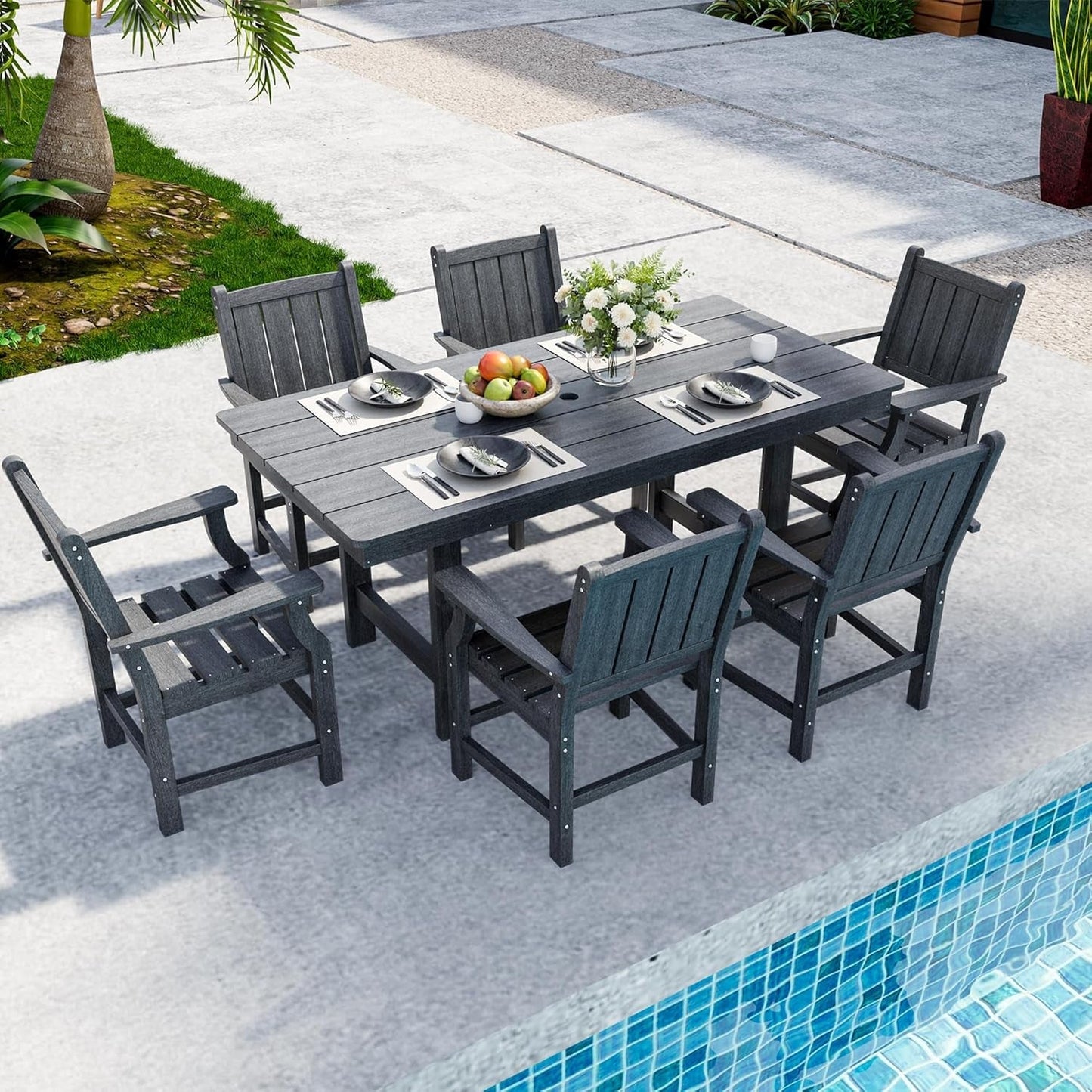 Spacious Wood Grain Outdoor Dining Set with Umbrella Hole ShipItFurniture