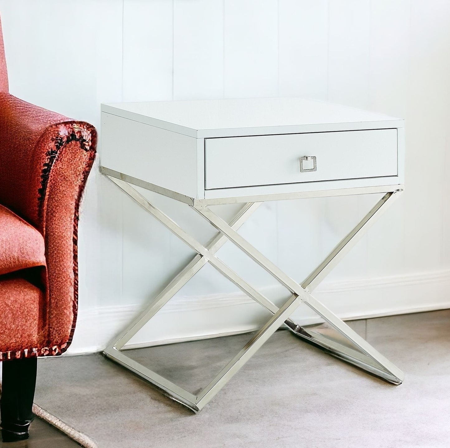 25" Silver And White End Table With Drawer