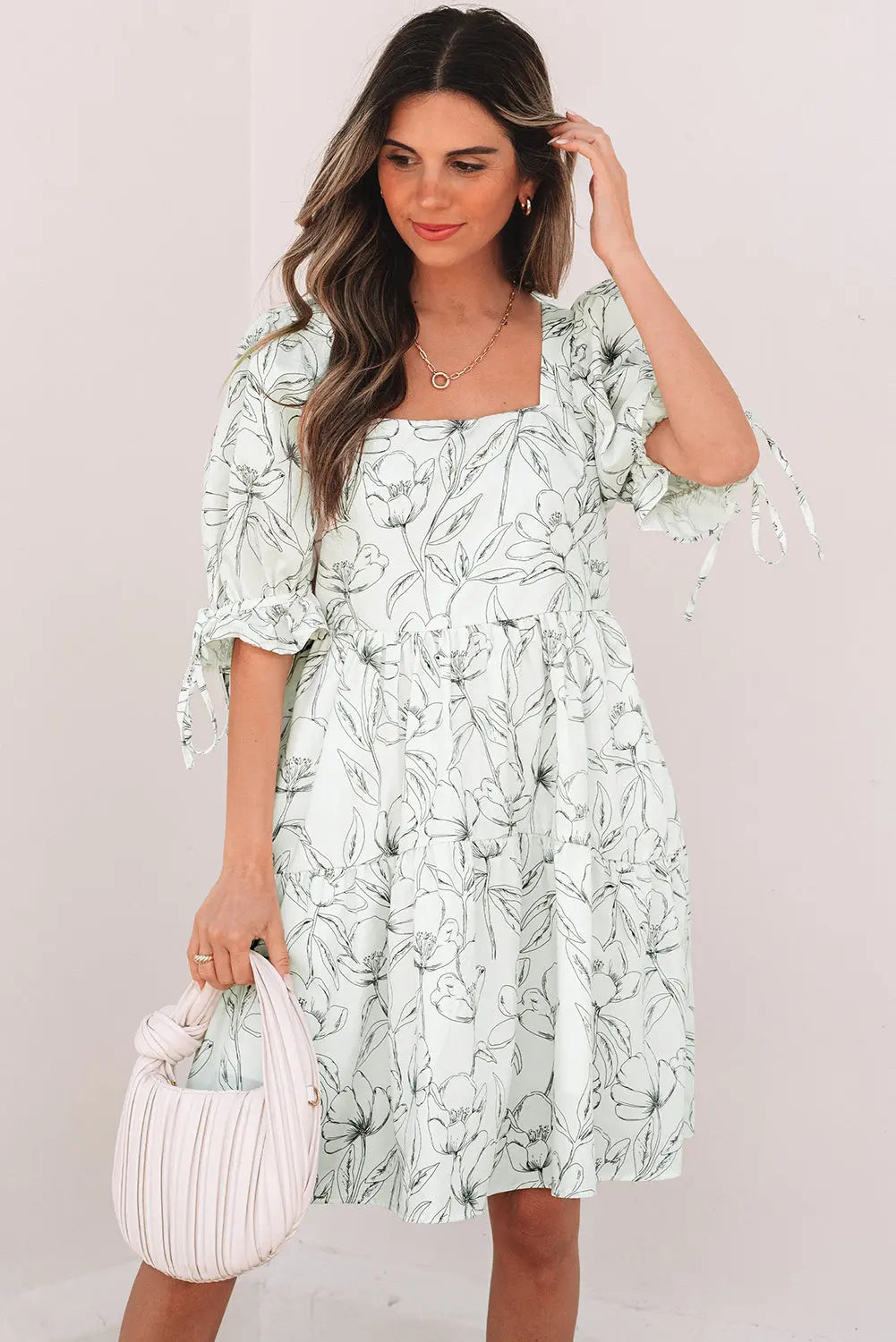 Ariya Floral Shirred Back Puff Sleeve Dress Threaded Pear