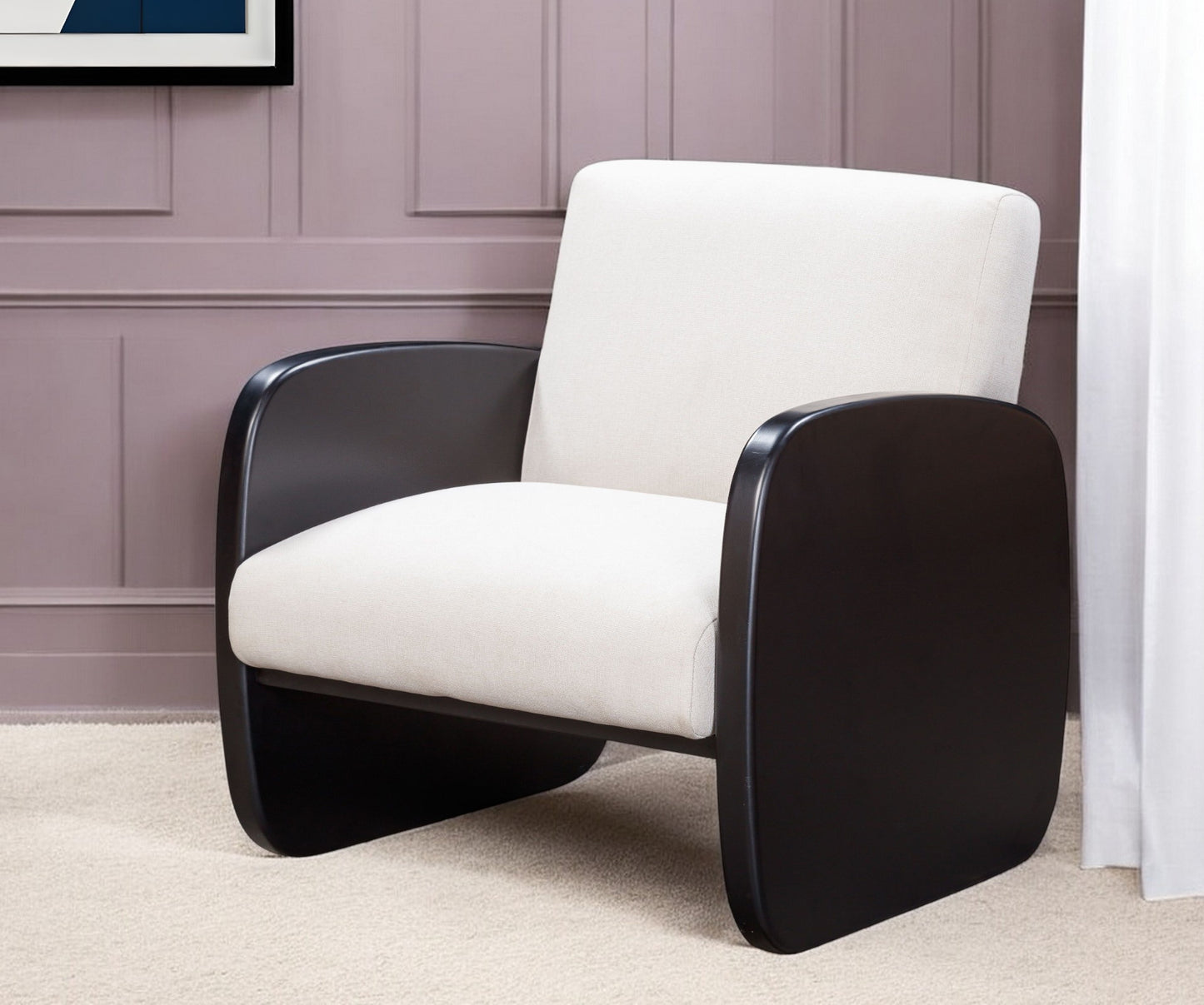 29" White And Black Linen Arm Chair