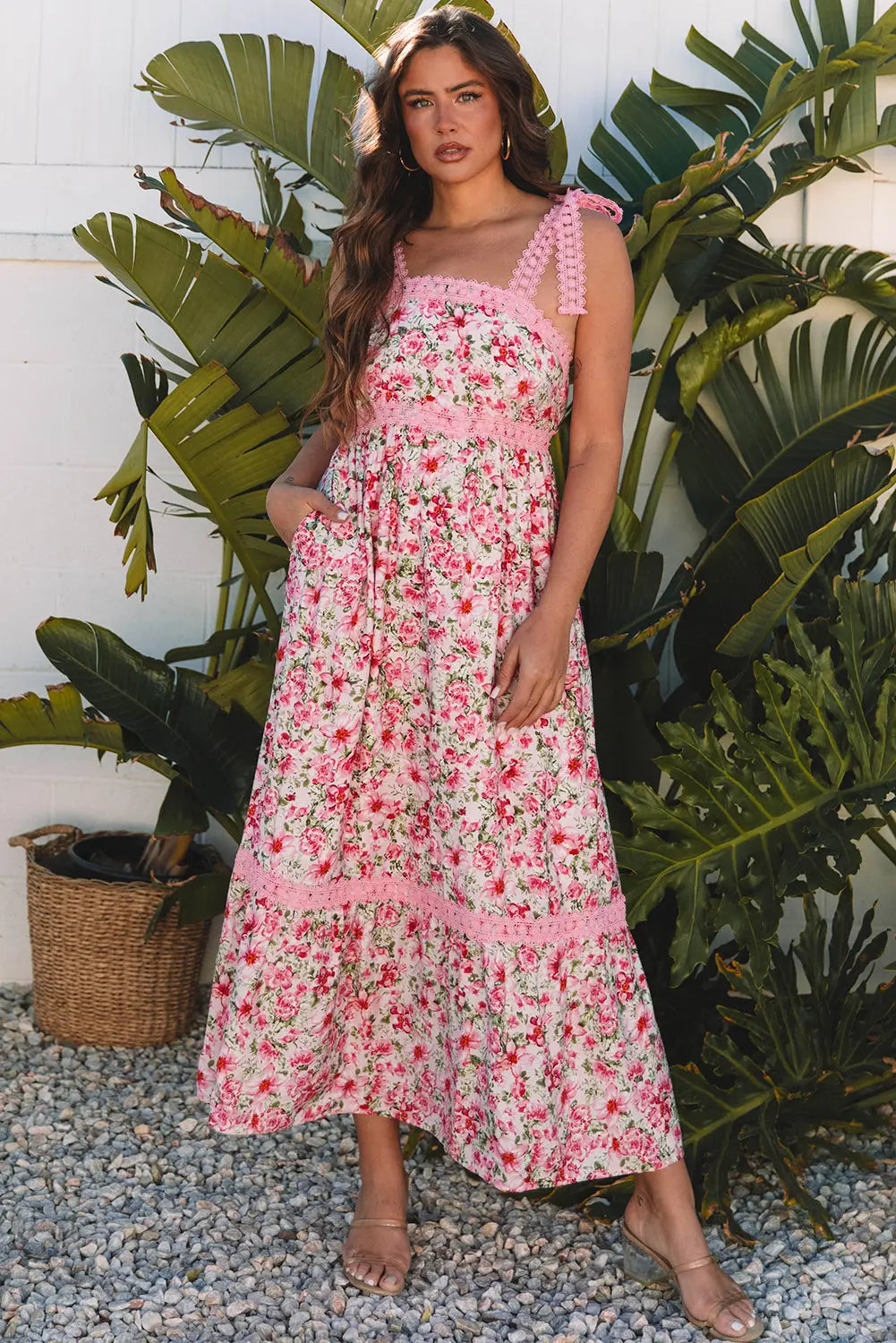 Sasha Floral Lace Tied Strap Dress Threaded Pear