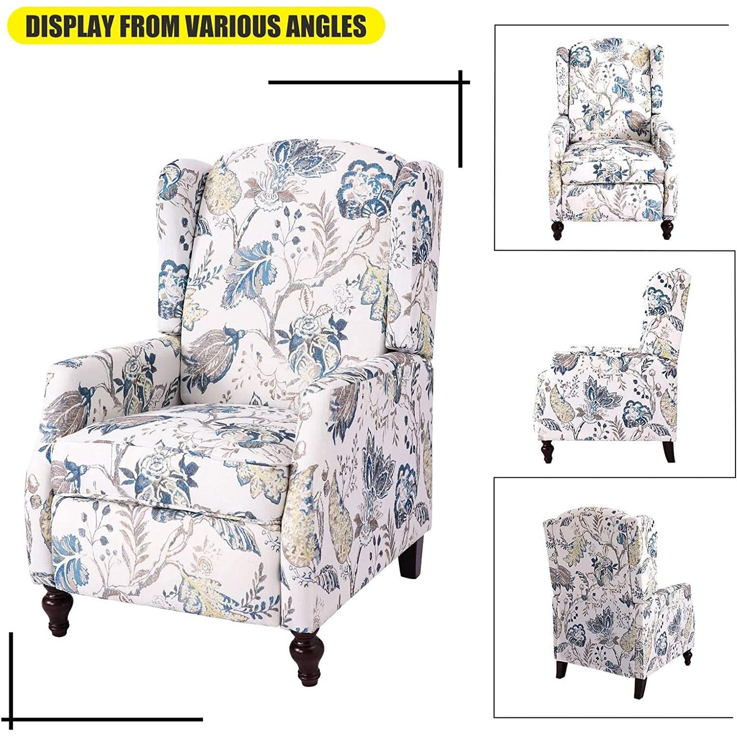 Upholstered Wingback Recliner Chair Blue Floral Elegant ShipItFurniture